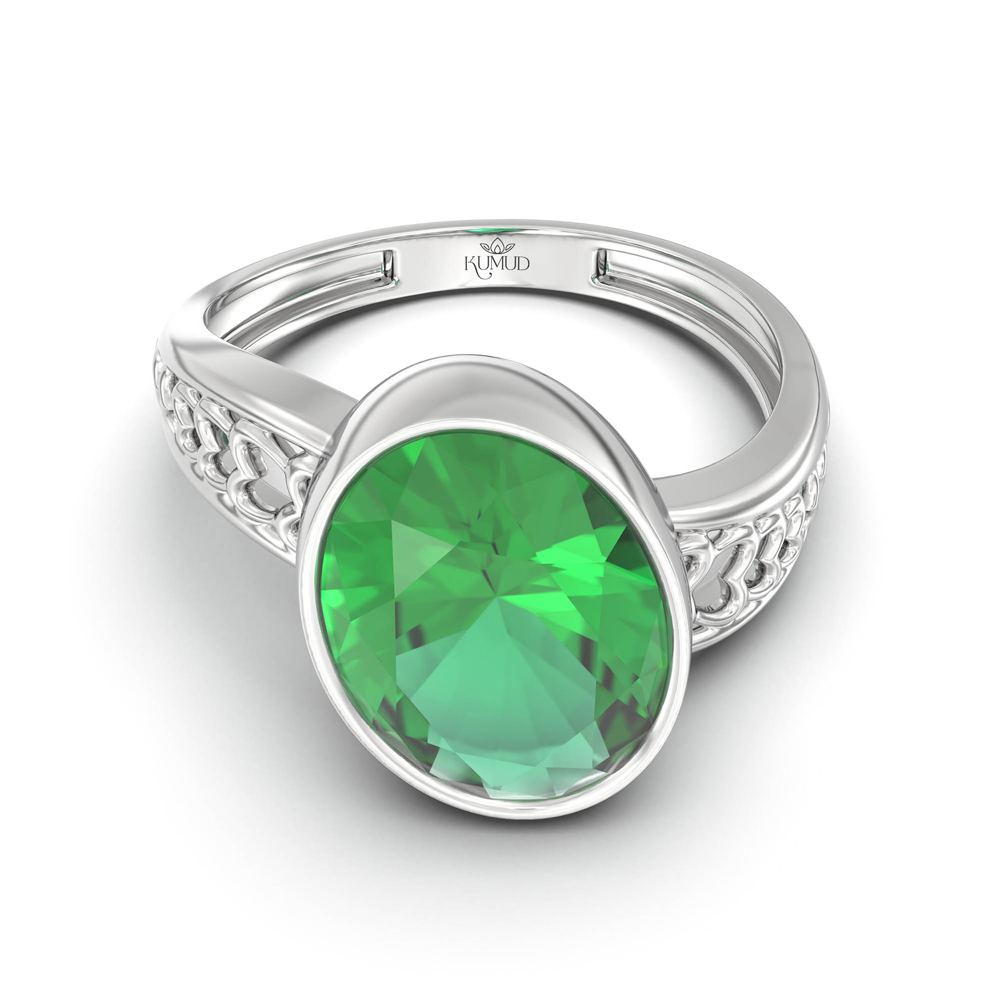 Emerald (Panna) Ring for Women in 18K White Gold – Oval 11x8 mm, Bezel Setting, 4 g (Design K14-4) thumbnail