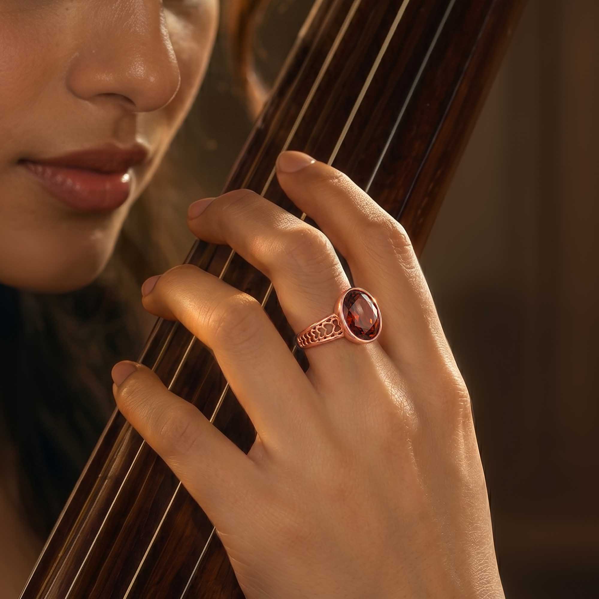 Hessonite (Gomed) Ring for Women in 18K Rose Gold – Oval 11x8 mm, Bezel Setting, 4 g (Design K14-4) thumbnail