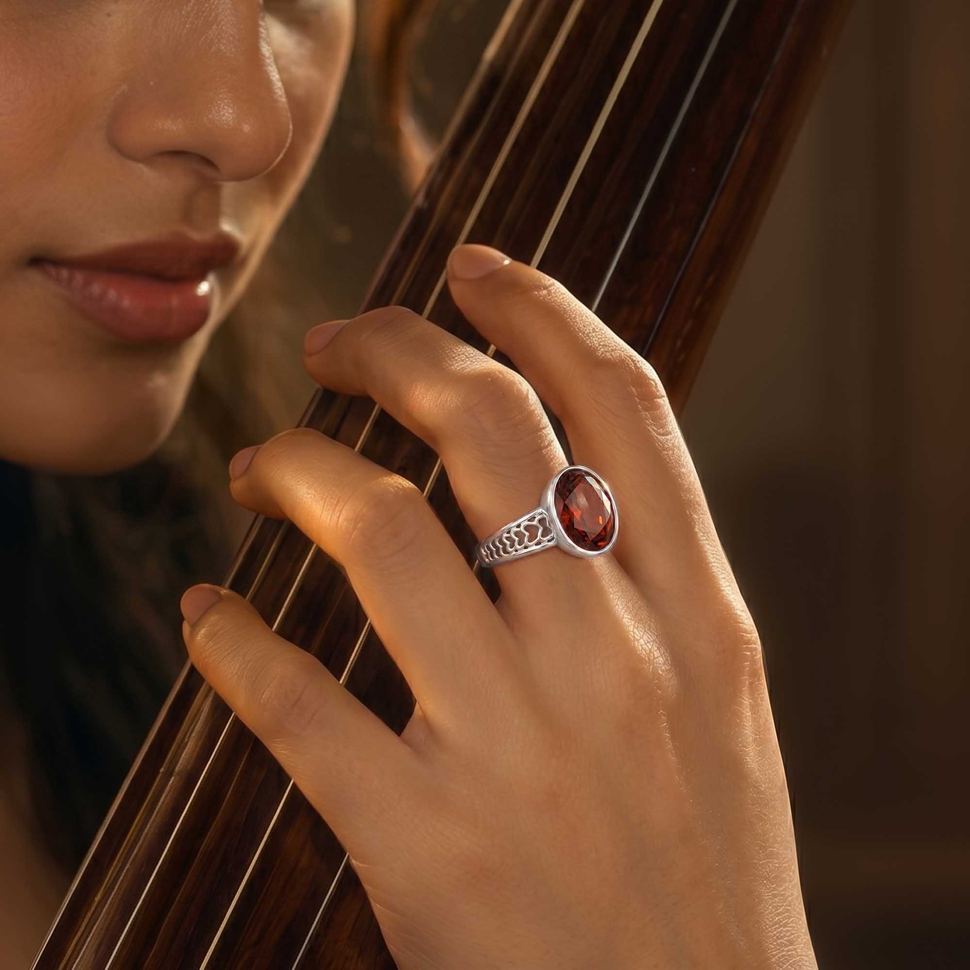 Hessonite (Gomed) Ring for Women in 925 Sterling Silver – Oval 11x8 mm, Bezel Setting, 4 g (Design K14-4) thumbnail