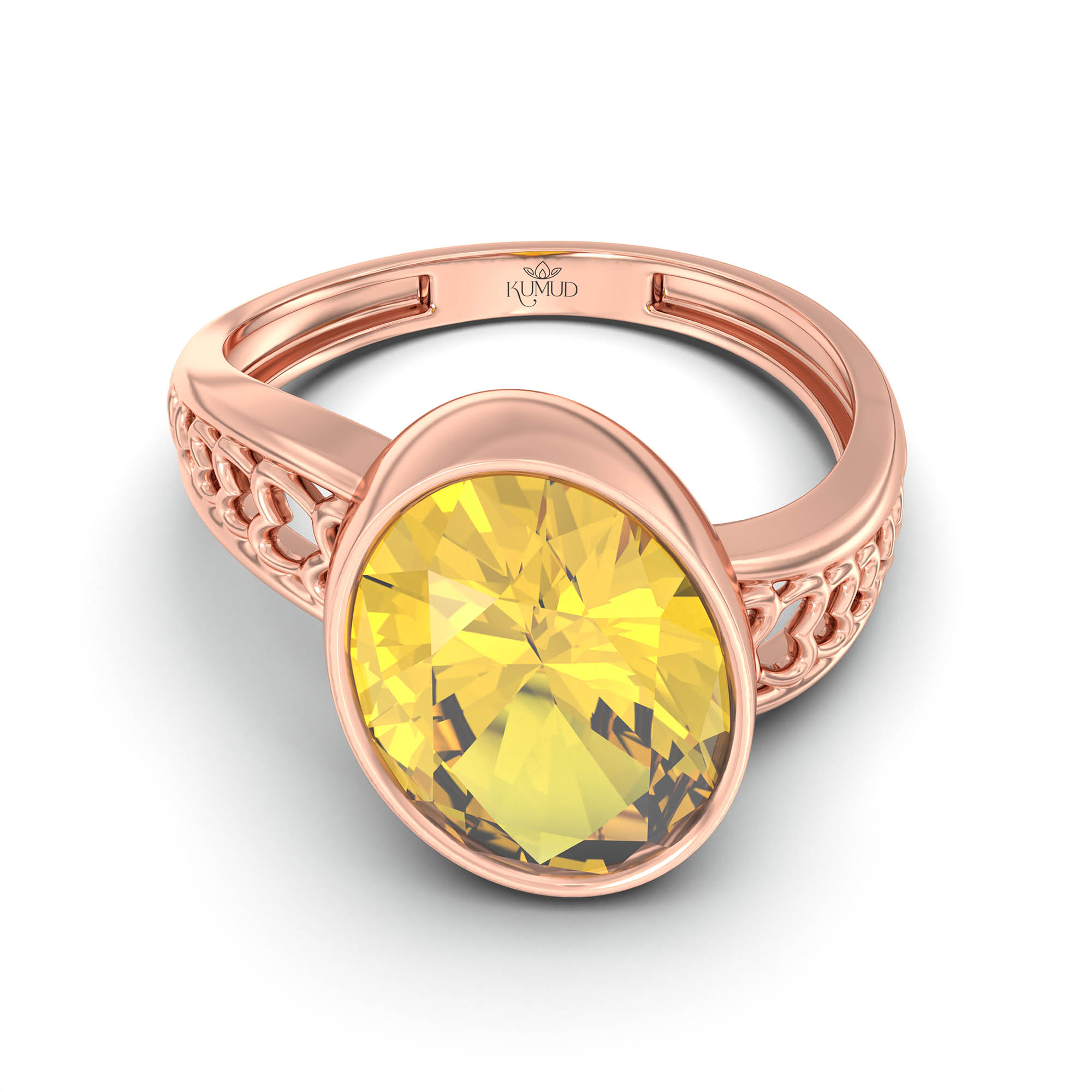 Yellow Sapphire (Pukhraj) Ring for Women in 18K Rose Gold – Oval 11x8 mm, Bezel Setting, 4 g (Design K14-4) thumbnail