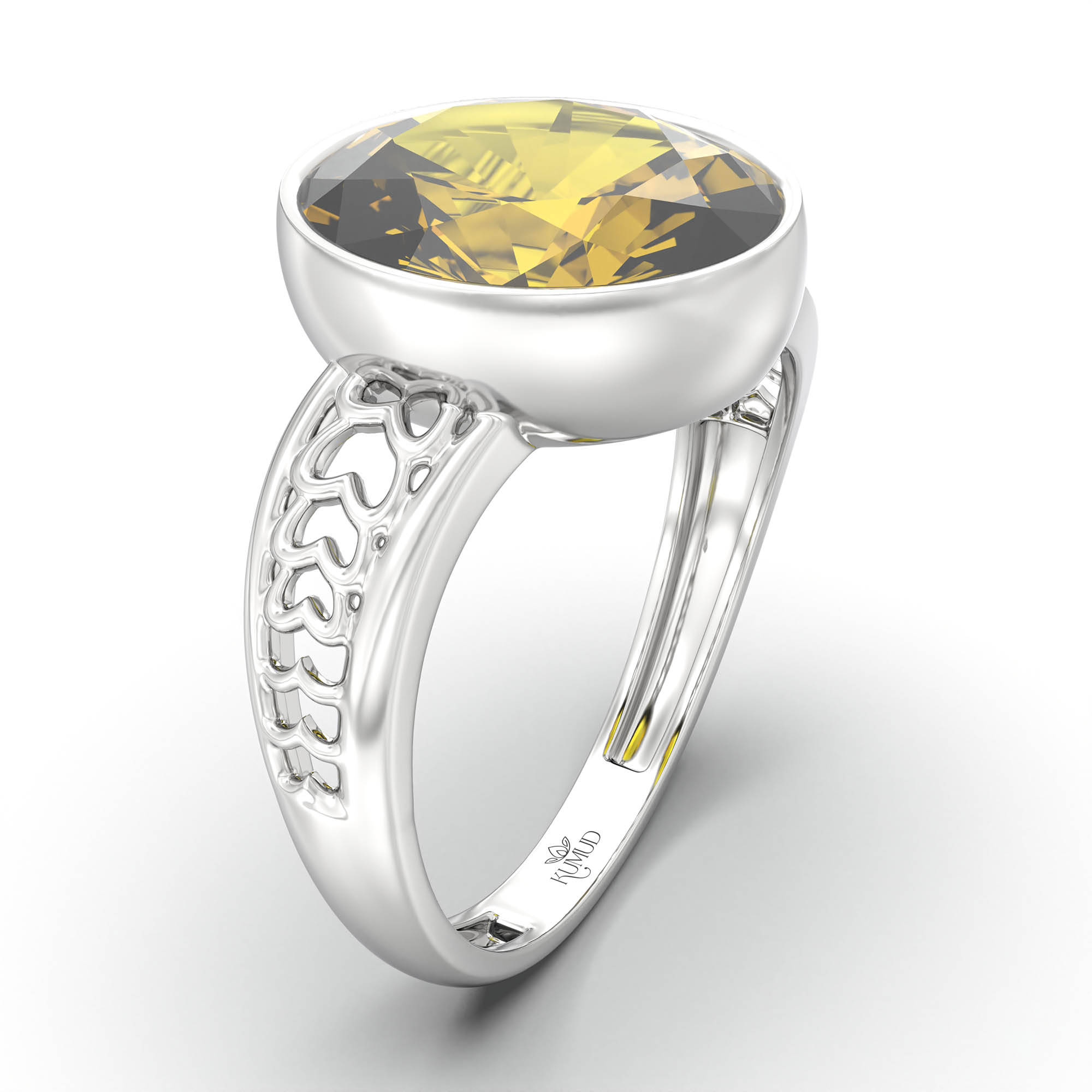 Yellow Sapphire (Pukhraj) Ring for Women in 18K White Gold – Oval 11x8 mm, Bezel Setting, 4 g (Design K14-4) thumbnail