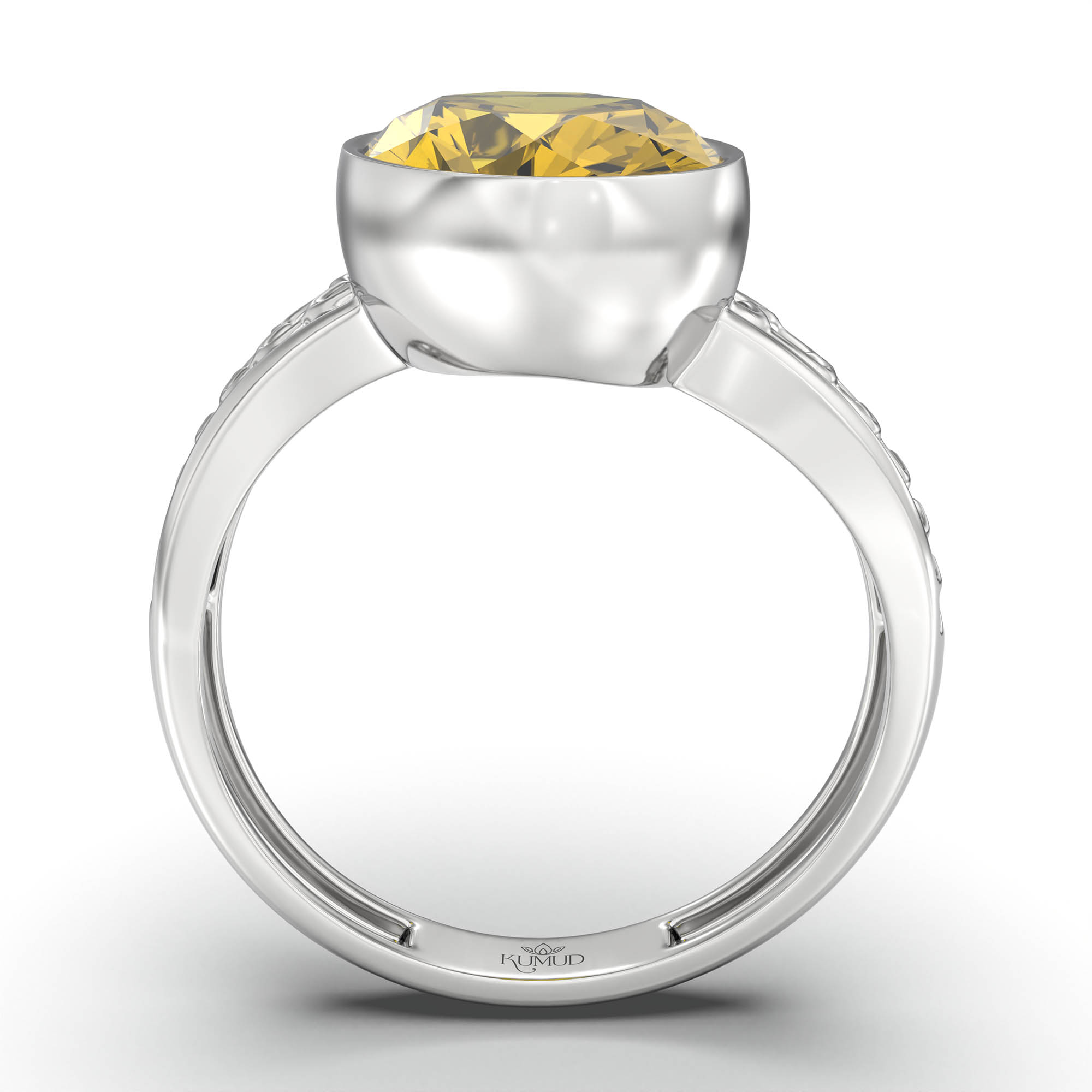 Yellow Sapphire (Pukhraj) Ring for Women in 18K White Gold – Oval 11x8 mm, Bezel Setting, 4 g (Design K14-4) thumbnail