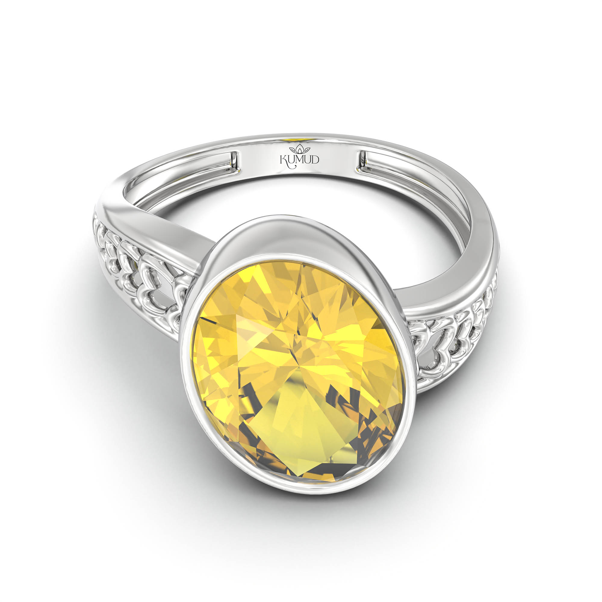 Yellow Sapphire (Pukhraj) Ring for Women in 18K White Gold – Oval 11x8 mm, Bezel Setting, 4 g (Design K14-4) thumbnail