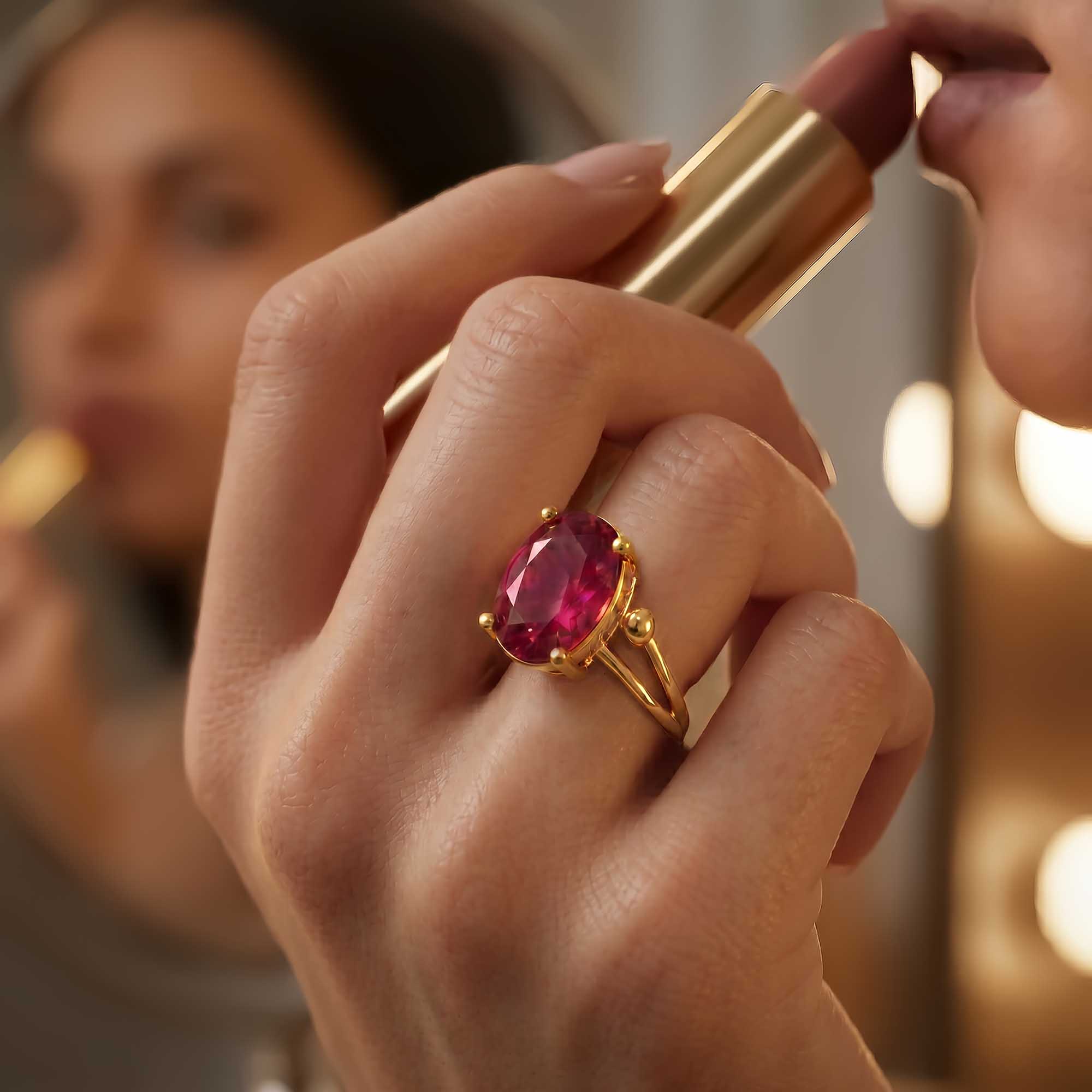Ruby (Manik) Ring for Women in 22K Yellow Gold – Oval 11x8 mm, Prong Setting, 4 g (Design K14-5) thumbnail