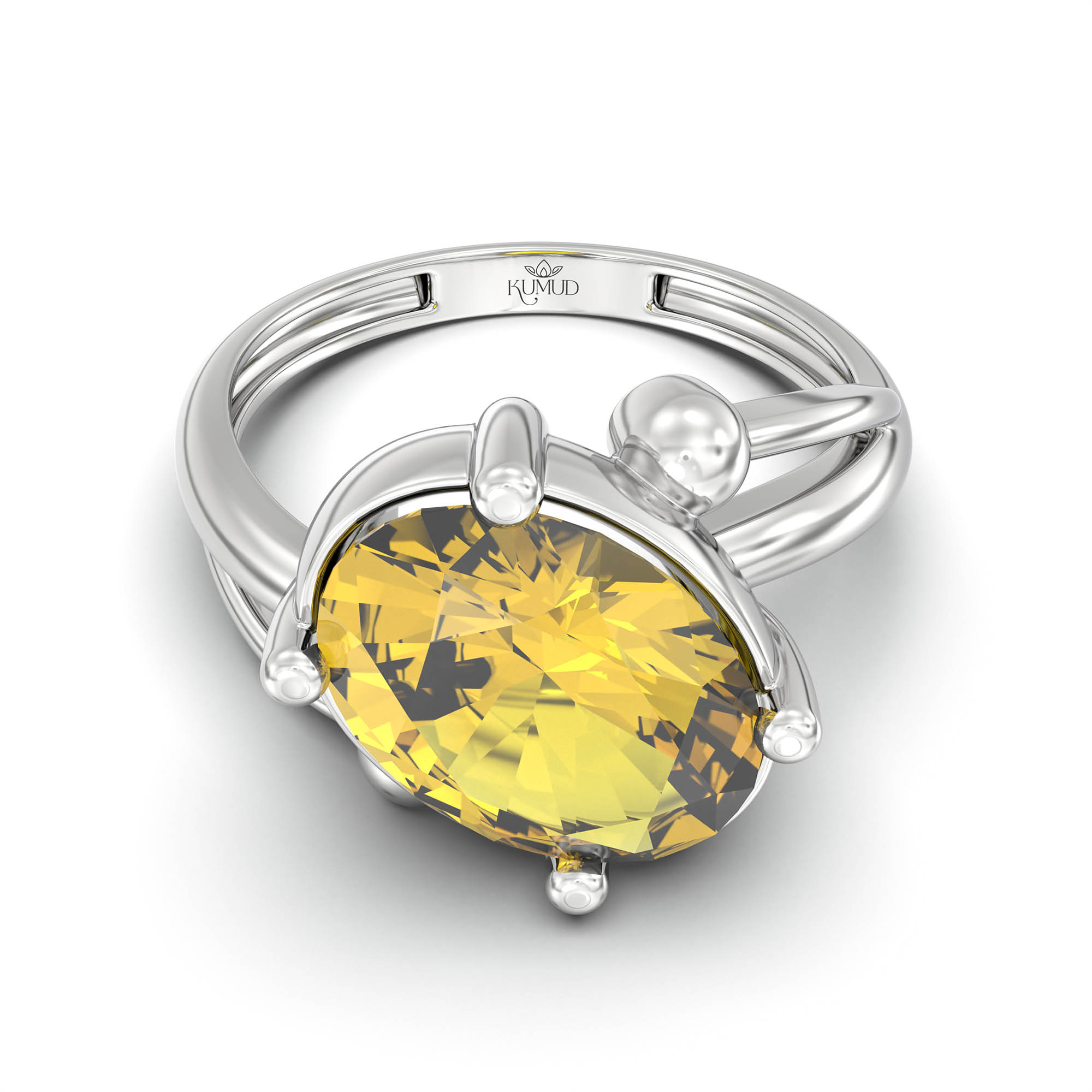 Yellow Sapphire (Pukhraj) Ring for Women in 18K White Gold – Oval 11x8 mm, Prong Setting, 4 g (Design K14-5) thumbnail