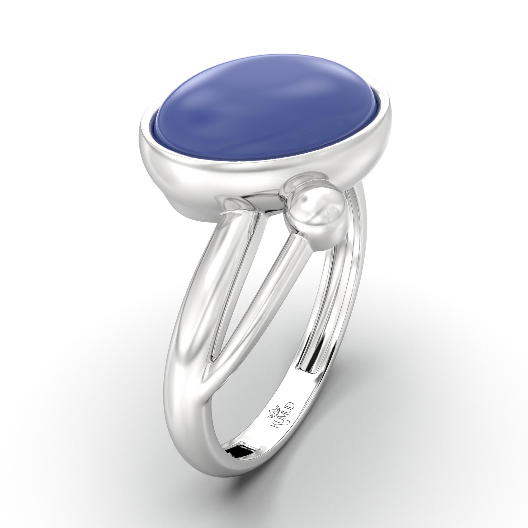 Blue Sapphire (Neelam) Ring for Women in 18K White Gold – Oval Cabochon 11x8 mm, Bezel Setting, 4 g (Design K14-5) thumbnail