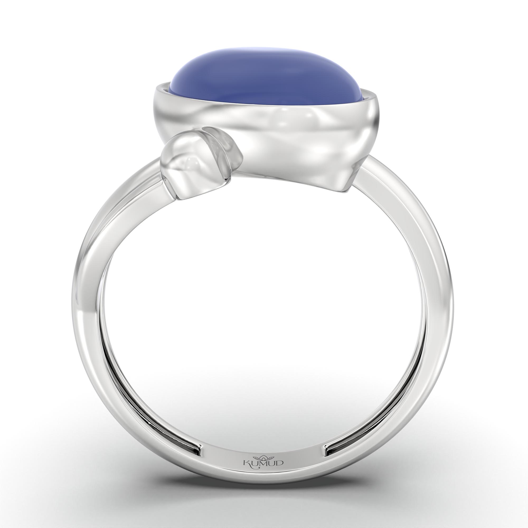 Blue Sapphire (Neelam) Ring for Women in 18K White Gold – Oval Cabochon 11x8 mm, Bezel Setting, 4 g (Design K14-5) thumbnail