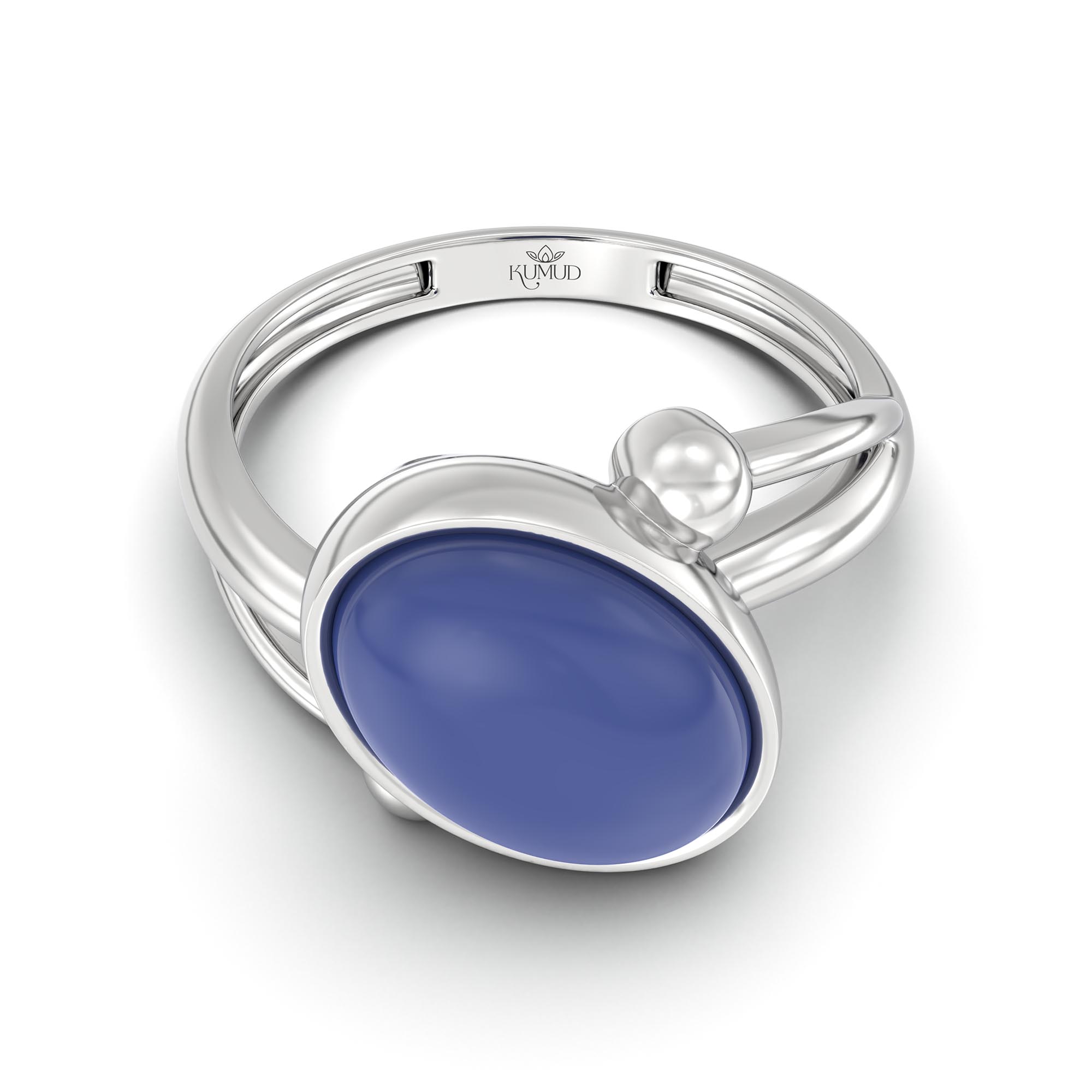 Blue Sapphire (Neelam) Ring for Women in 18K White Gold – Oval Cabochon 11x8 mm, Bezel Setting, 4 g (Design K14-5) thumbnail