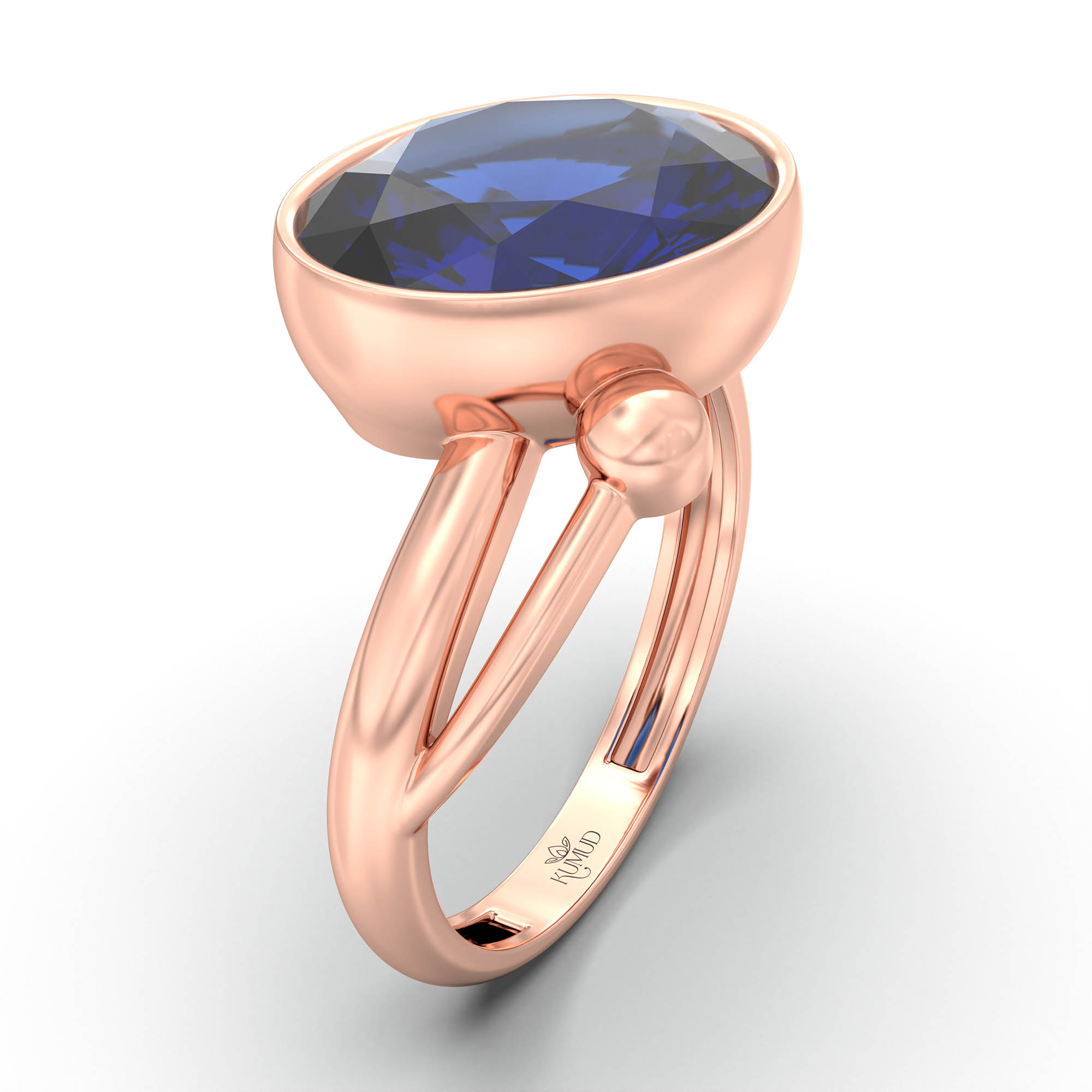 Blue Sapphire (Neelam) Ring for Women in 18K Rose Gold – Oval 11x8 mm, Bezel Setting, 4 g (Design K14-5) thumbnail