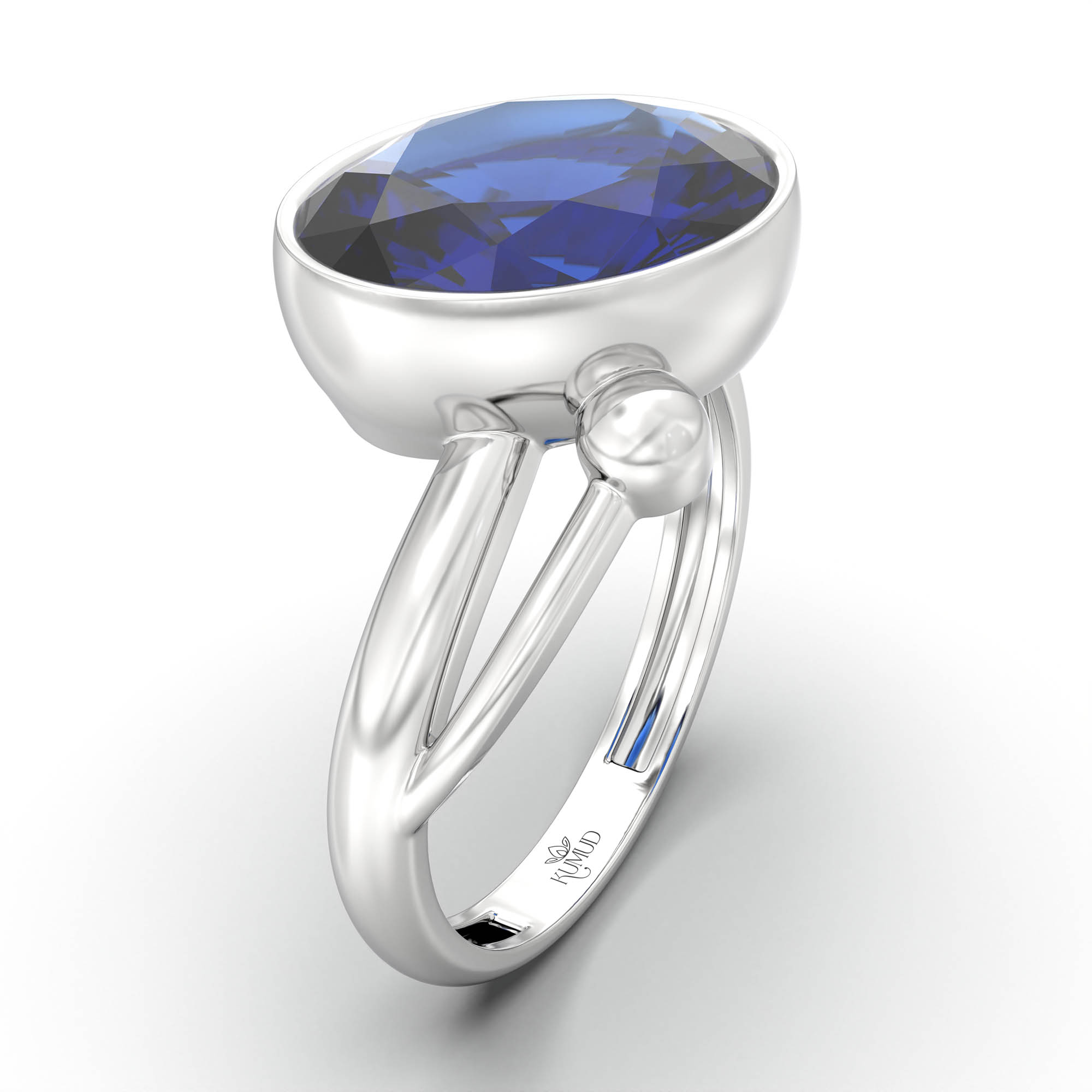 Blue Sapphire (Neelam) Ring for Women in 18K White Gold – Oval 11x8 mm, Bezel Setting, 4 g (Design K14-5) thumbnail