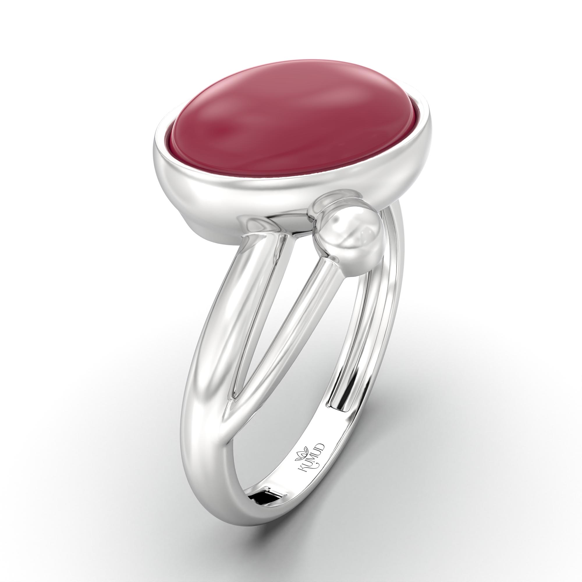 Ruby (Manik) Ring for Women in 18K White Gold – Oval Cabochon 11x8 mm, Bezel Setting, 4 g (Design K14-5) thumbnail
