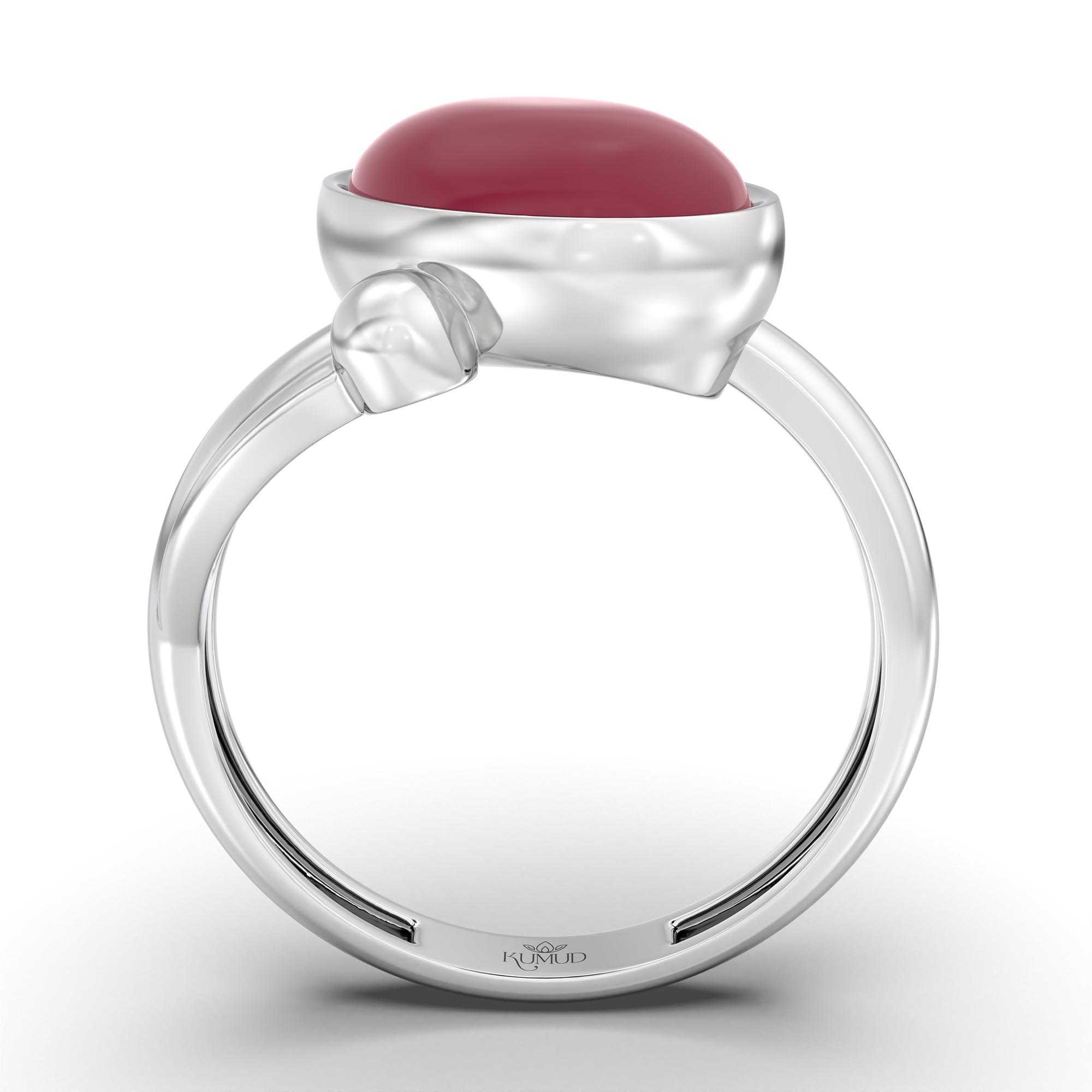 Ruby (Manik) Ring for Women in 18K White Gold – Oval Cabochon 11x8 mm, Bezel Setting, 4 g (Design K14-5) thumbnail