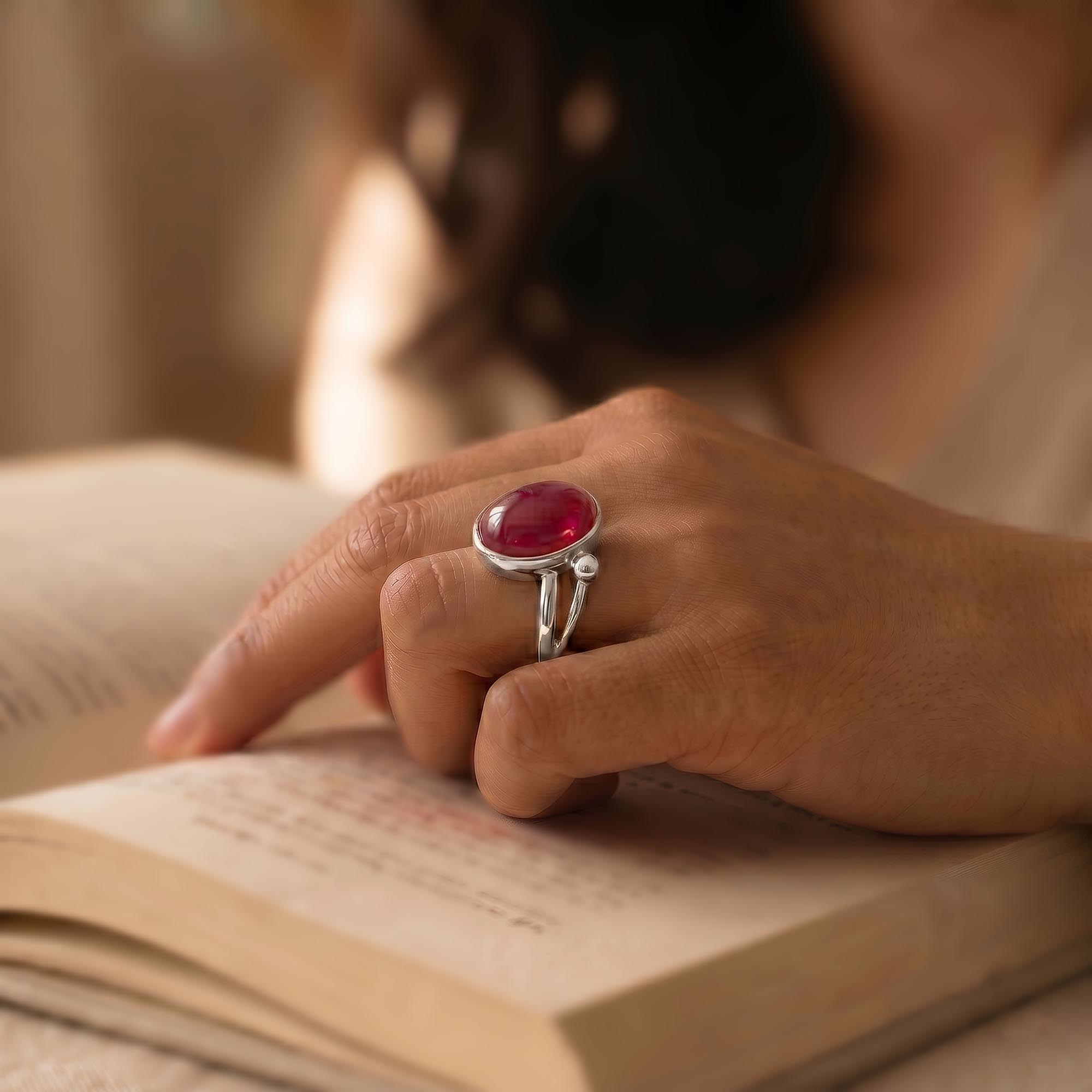 Ruby (Manik) Ring for Women in 18K White Gold – Oval Cabochon 11x8 mm, Bezel Setting, 4 g (Design K14-5) thumbnail