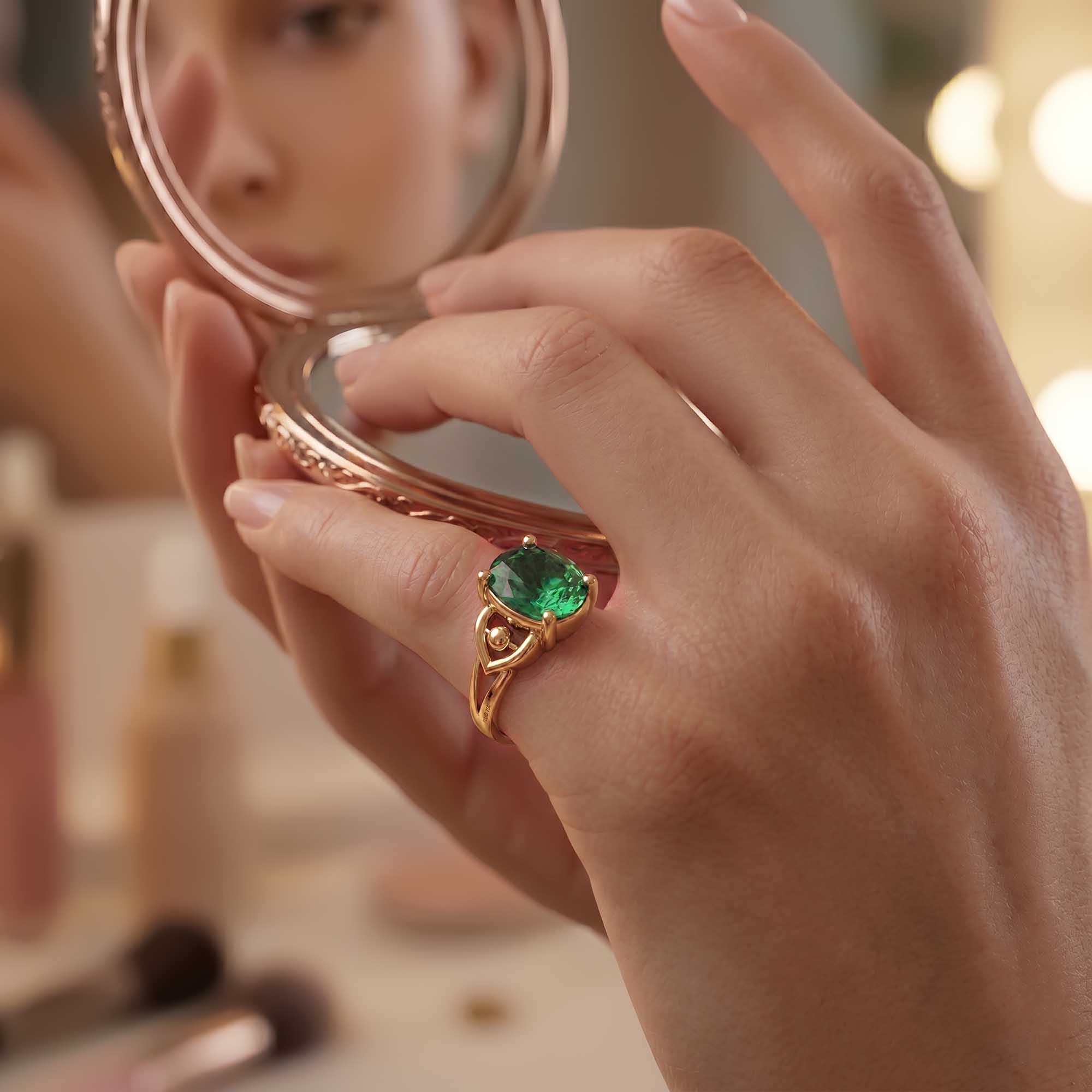 Emerald (Panna) Ring for Women in 22K Yellow Gold – Oval 11x8 mm, Prong Setting, 4 g (Design K14-6) thumbnail