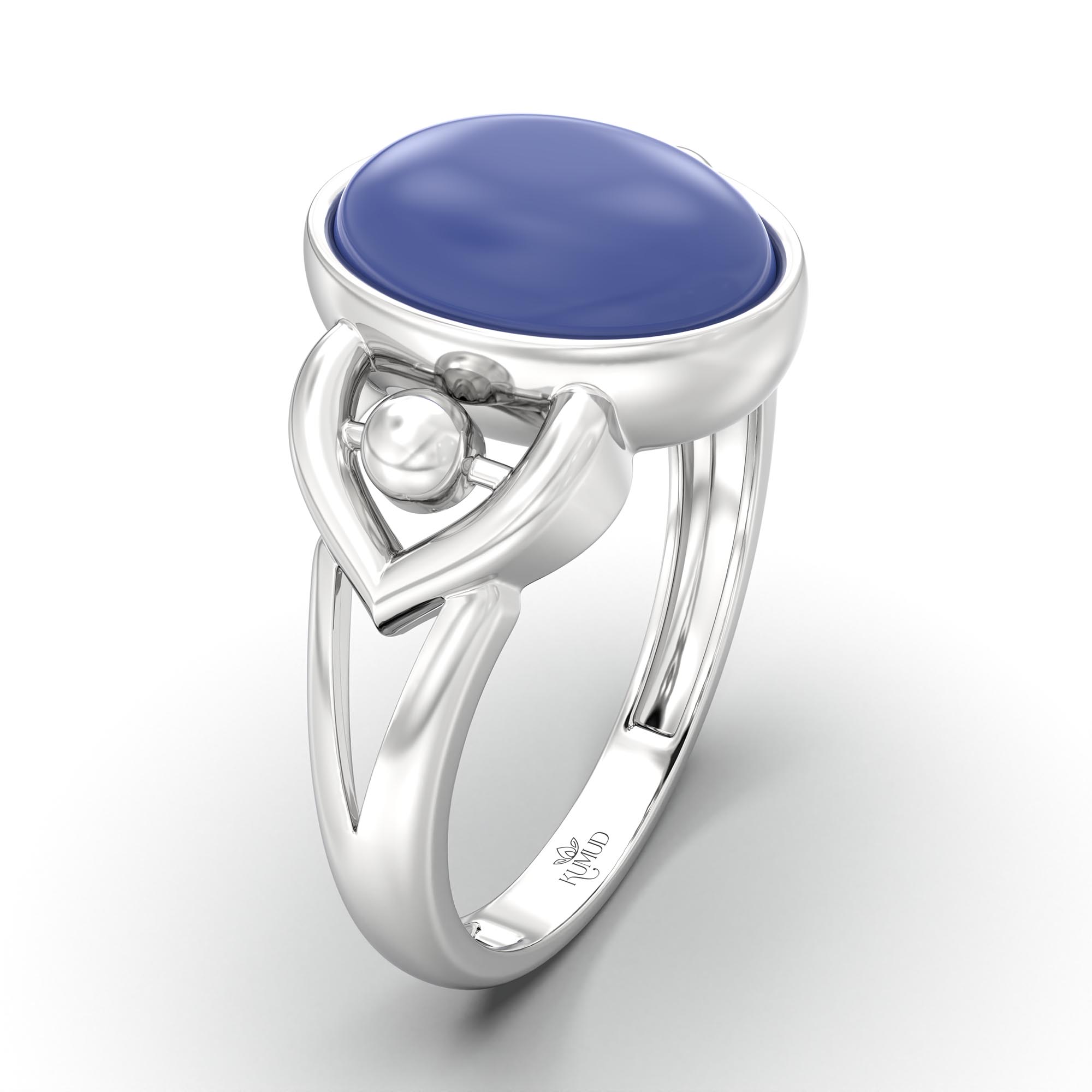 Blue Sapphire (Neelam) Ring for Women in 18K White Gold – Oval Cabochon 11x8 mm, Bezel Setting, 4 g (Design K14-6) thumbnail