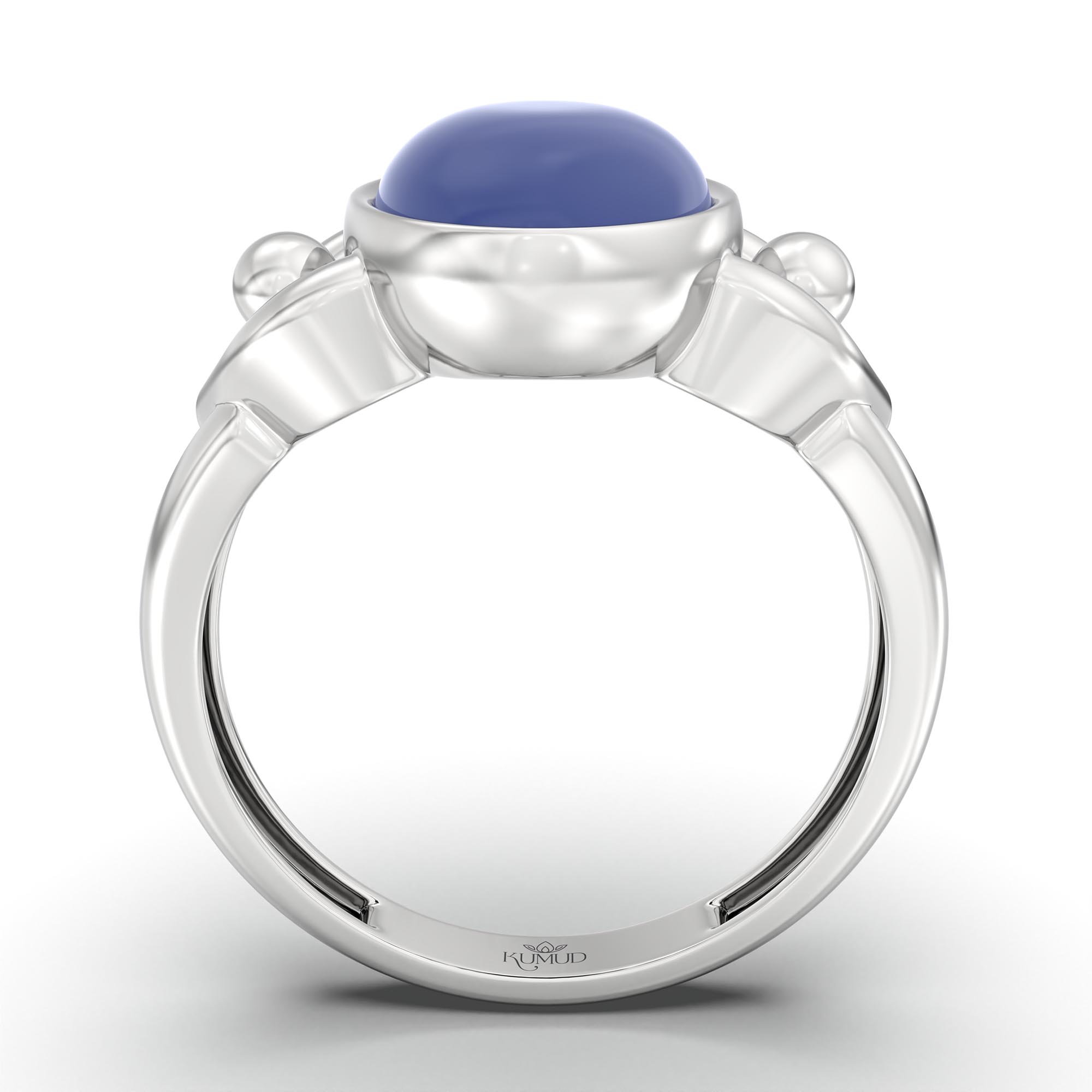 Blue Sapphire (Neelam) Ring for Women in 18K White Gold – Oval Cabochon 11x8 mm, Bezel Setting, 4 g (Design K14-6) thumbnail