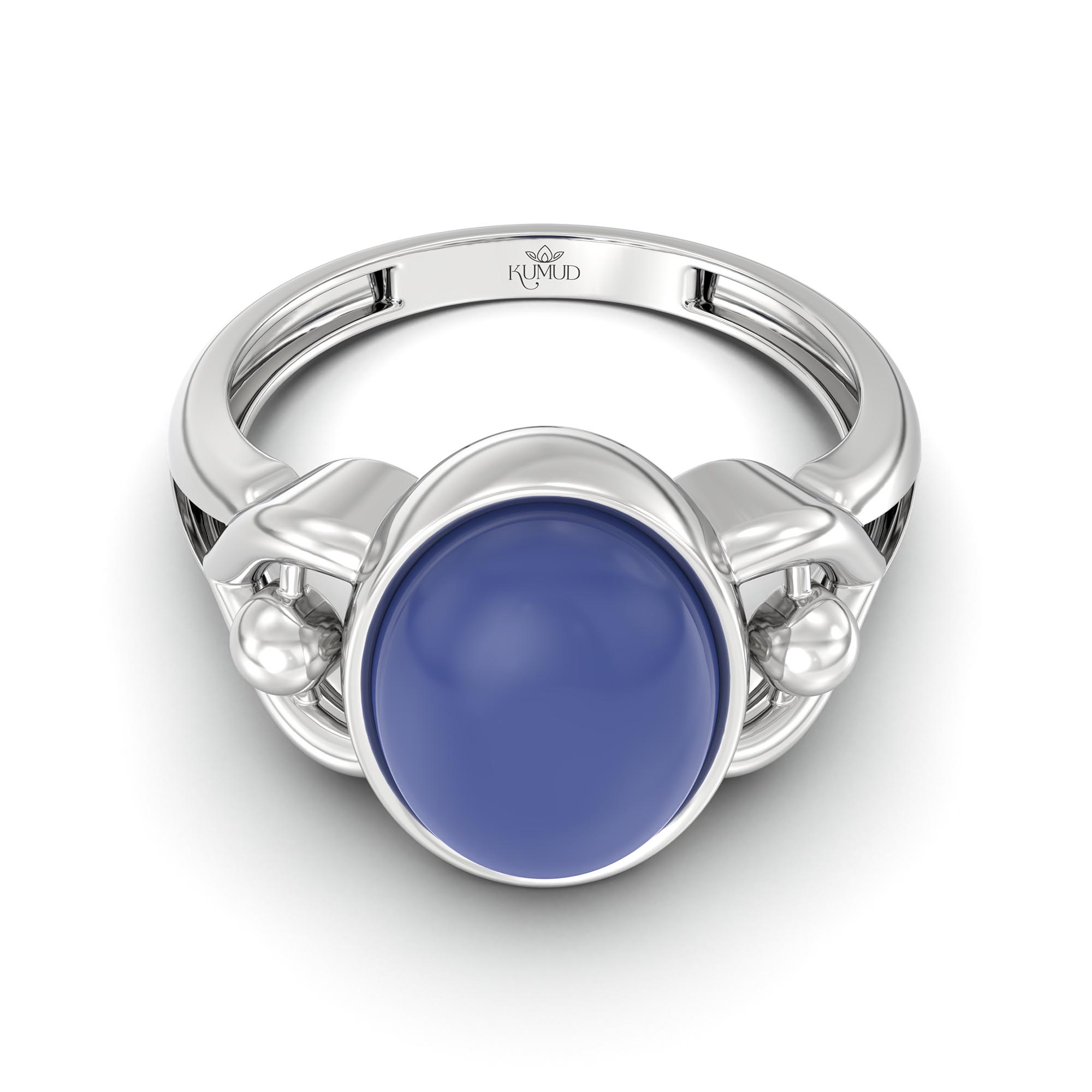 Blue Sapphire (Neelam) Ring for Women in 18K White Gold – Oval Cabochon 11x8 mm, Bezel Setting, 4 g (Design K14-6) thumbnail