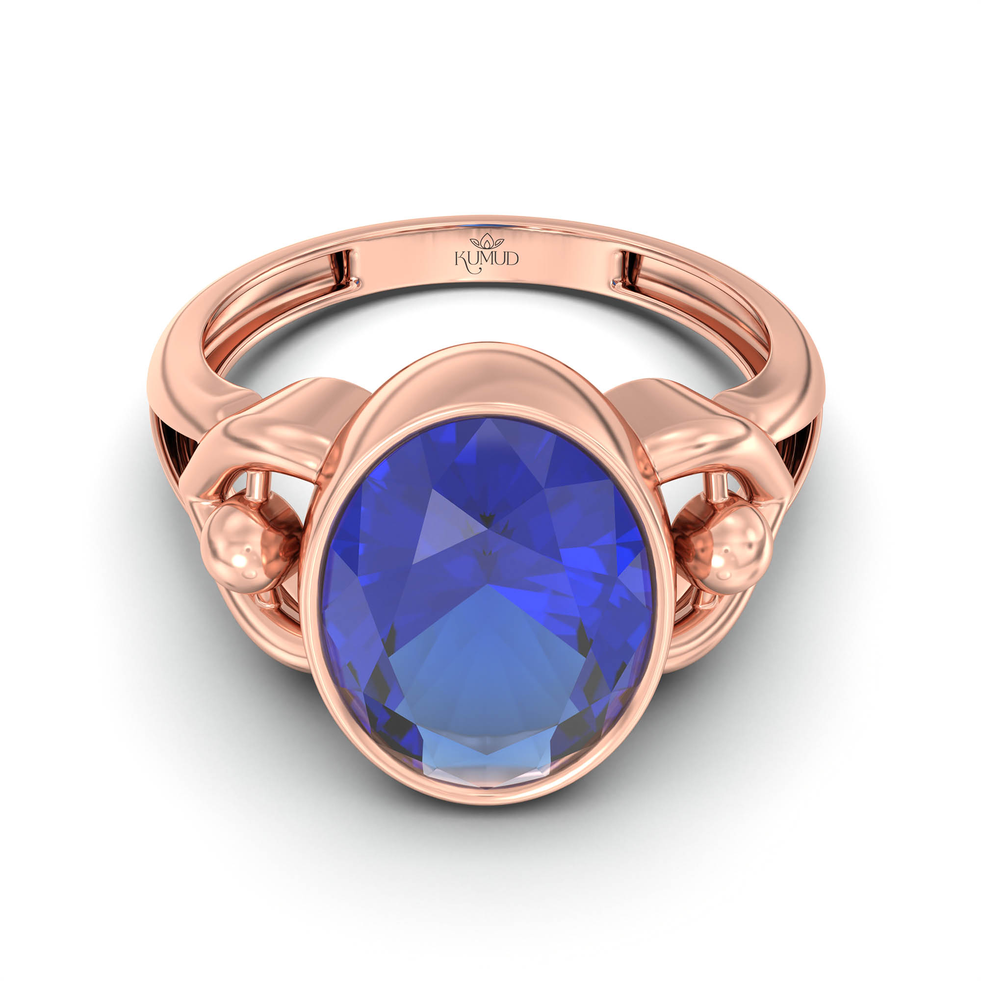 Blue Sapphire (Neelam) Ring for Women in 18K Rose Gold – Oval 11x8 mm, Bezel Setting, 4 g (Design K14-6) thumbnail