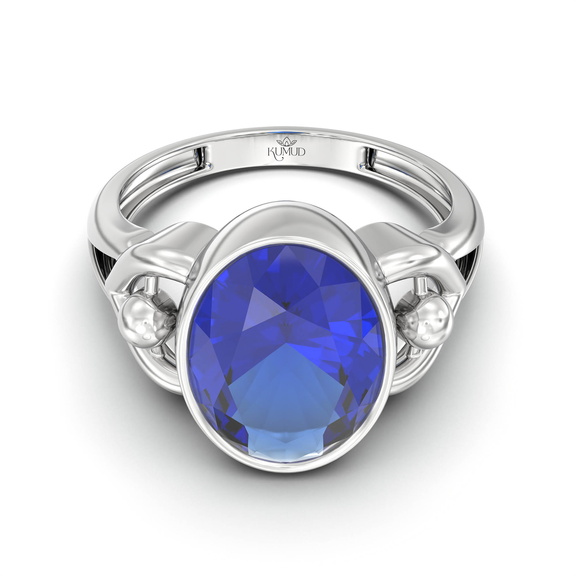 Blue Sapphire (Neelam) Ring for Women in 18K White Gold – Oval 11x8 mm, Bezel Setting, 4 g (Design K14-6) thumbnail
