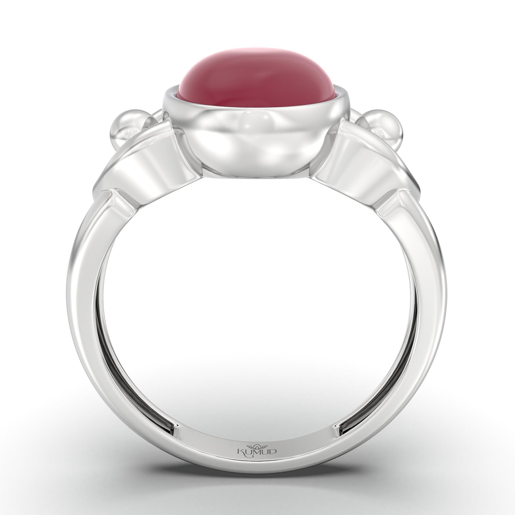 Ruby (Manik) Ring for Women in 18K White Gold – Oval Cabochon 11x8 mm, Bezel Setting, 4 g (Design K14-6) thumbnail