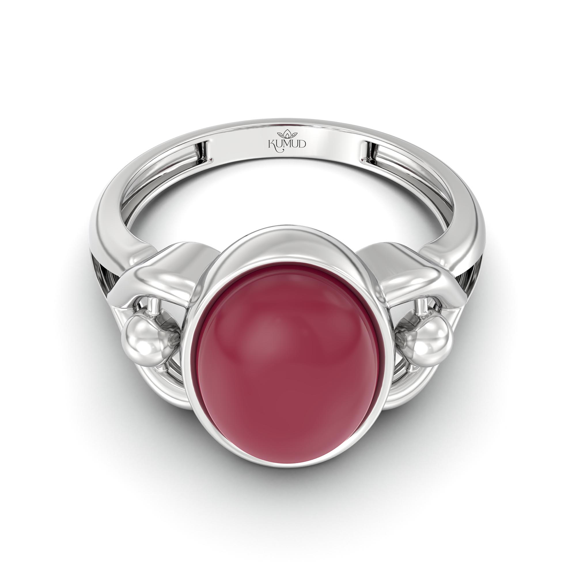 Ruby (Manik) Ring for Women in 18K White Gold – Oval Cabochon 11x8 mm, Bezel Setting, 4 g (Design K14-6) thumbnail
