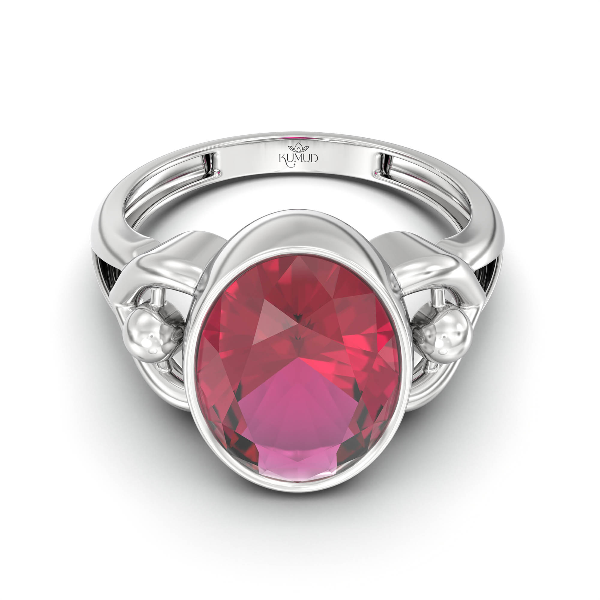 Ruby (Manik) Ring for Women in 18K White Gold – Oval 11x8 mm, Bezel Setting, 4 g (Design K14-6) thumbnail