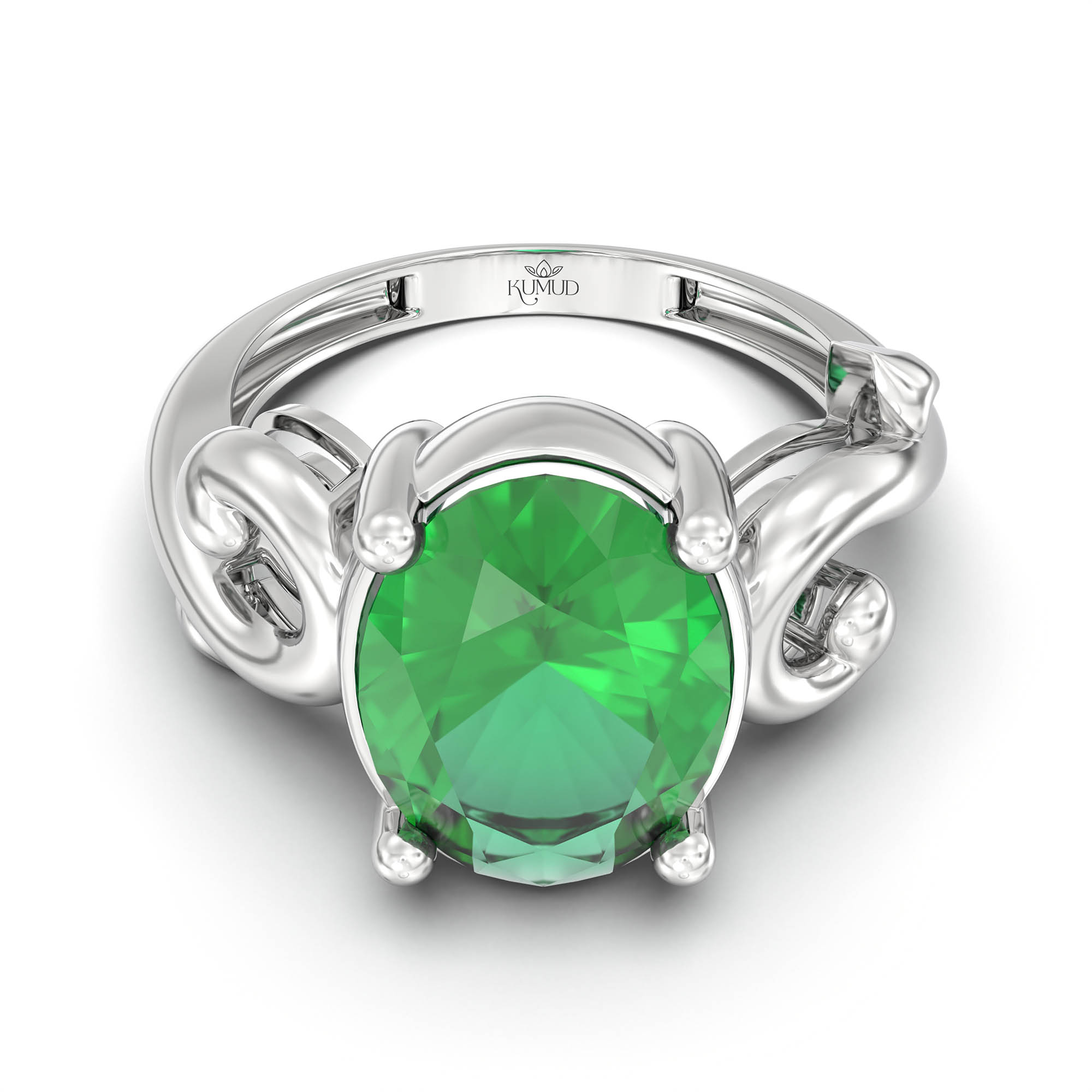 Emerald (Panna) Ring for Women in 18K White Gold – Oval 11x8 mm, Prong Setting, 4 g (Design K14-7) thumbnail