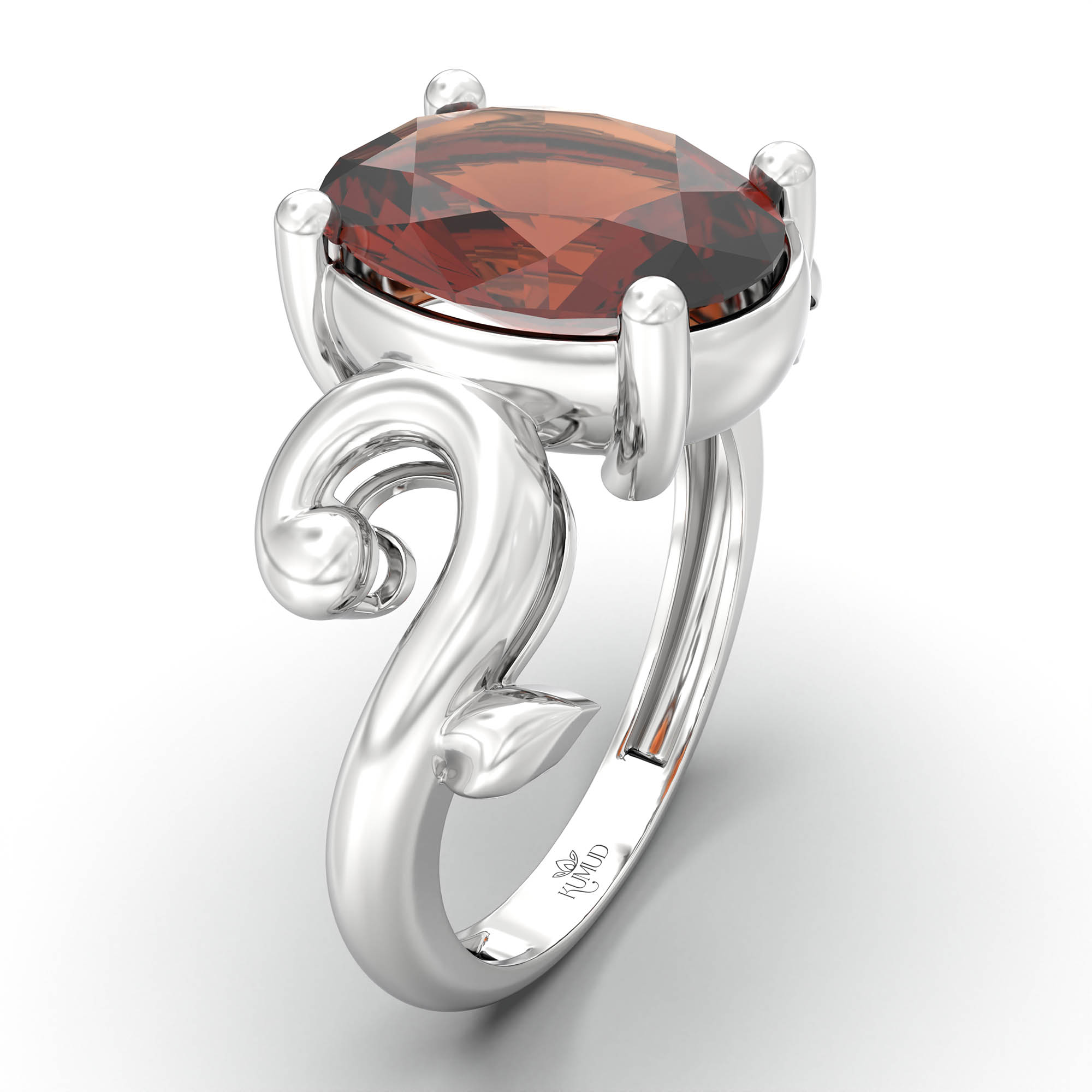 Hessonite (Gomed) Ring for Women in 18K White Gold – Oval 11x8 mm, Prong Setting, 4 g (Design K14-7) thumbnail