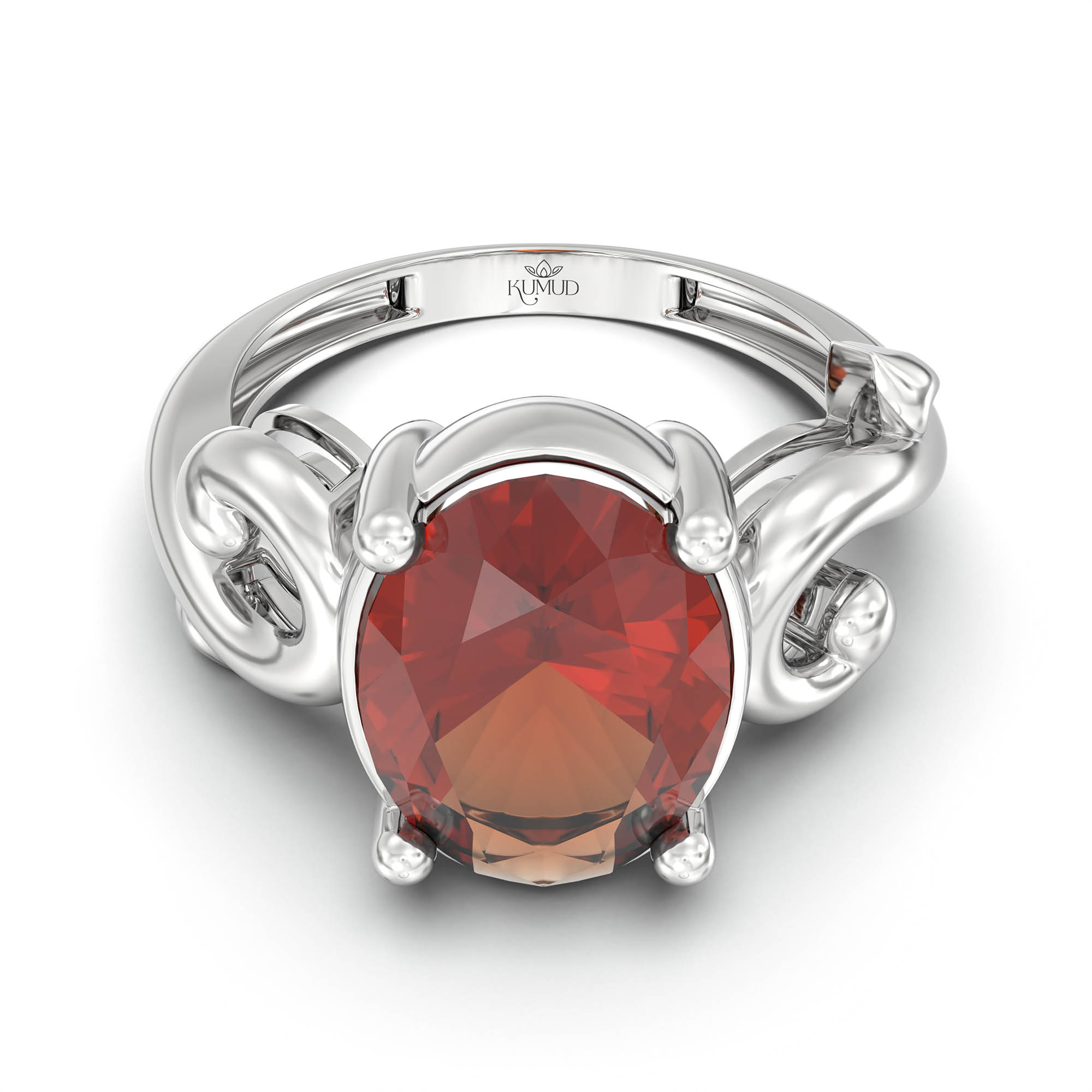 Hessonite (Gomed) Ring for Women in 18K White Gold – Oval 11x8 mm, Prong Setting, 4 g (Design K14-7) thumbnail
