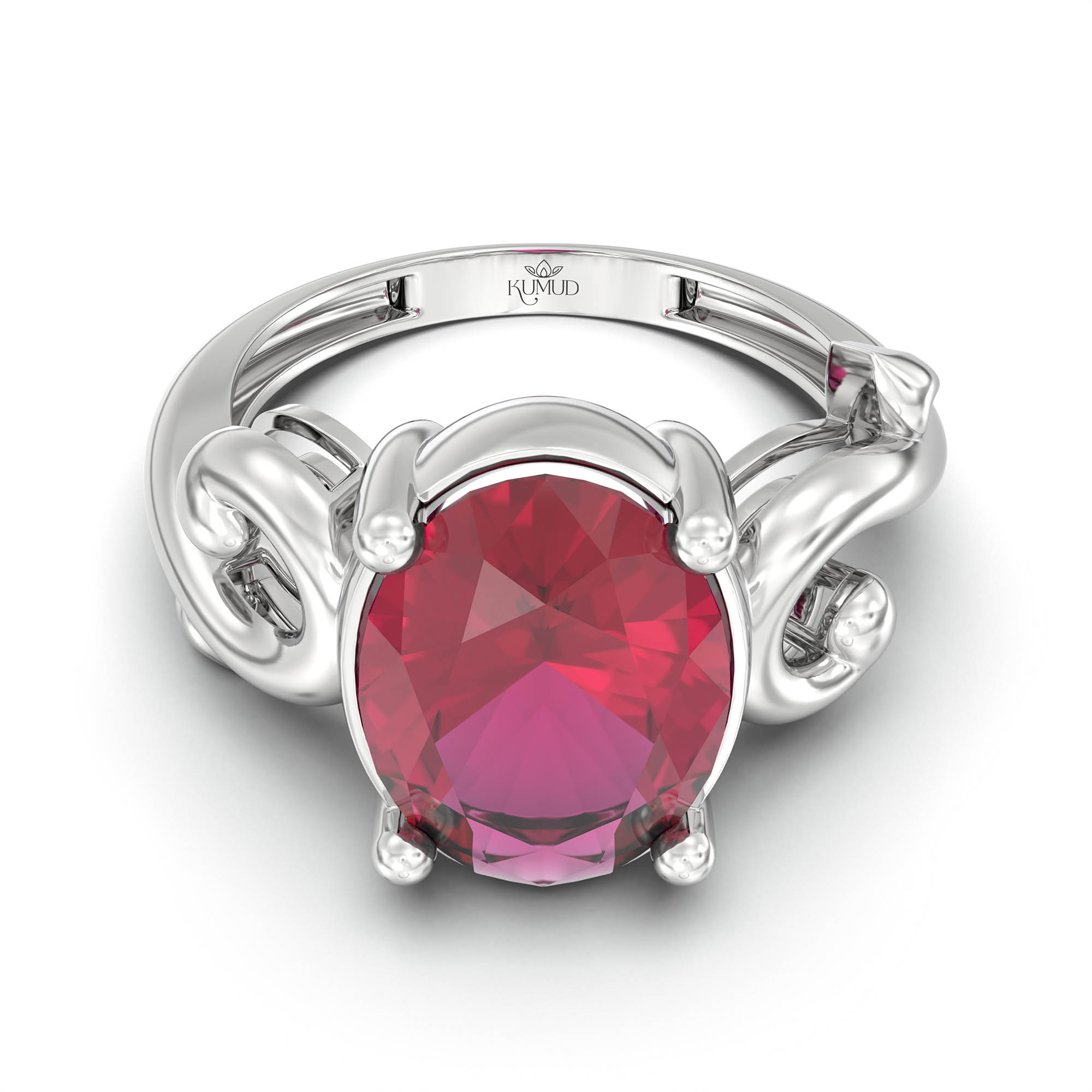 Ruby (Manik) Ring for Women in 18K White Gold – Oval 11x8 mm, Prong Setting, 4 g (Design K14-7) thumbnail