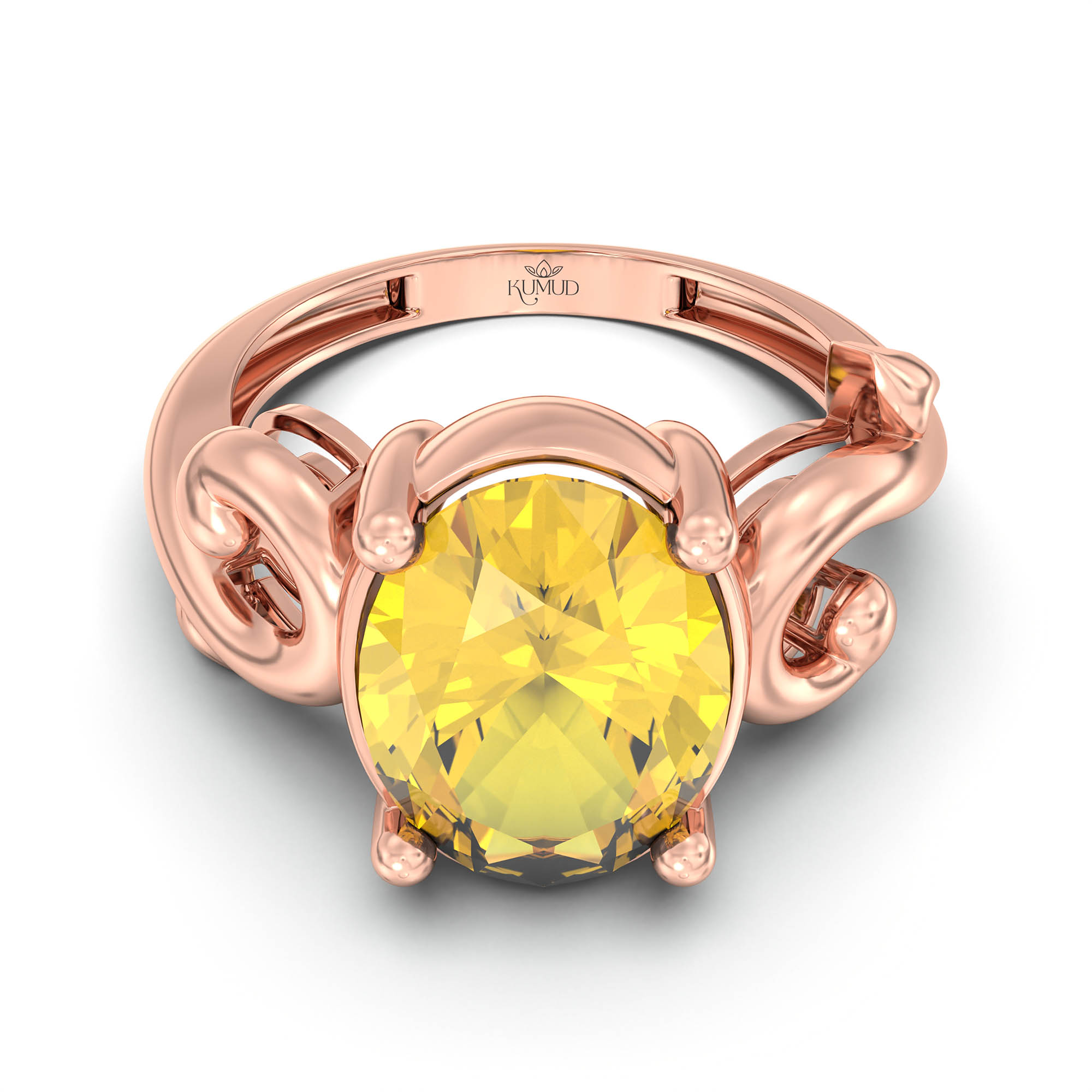 Yellow Sapphire (Pukhraj) Ring for Women in 18K Rose Gold – Oval 11x8 mm, Prong Setting, 4 g (Design K14-7) thumbnail