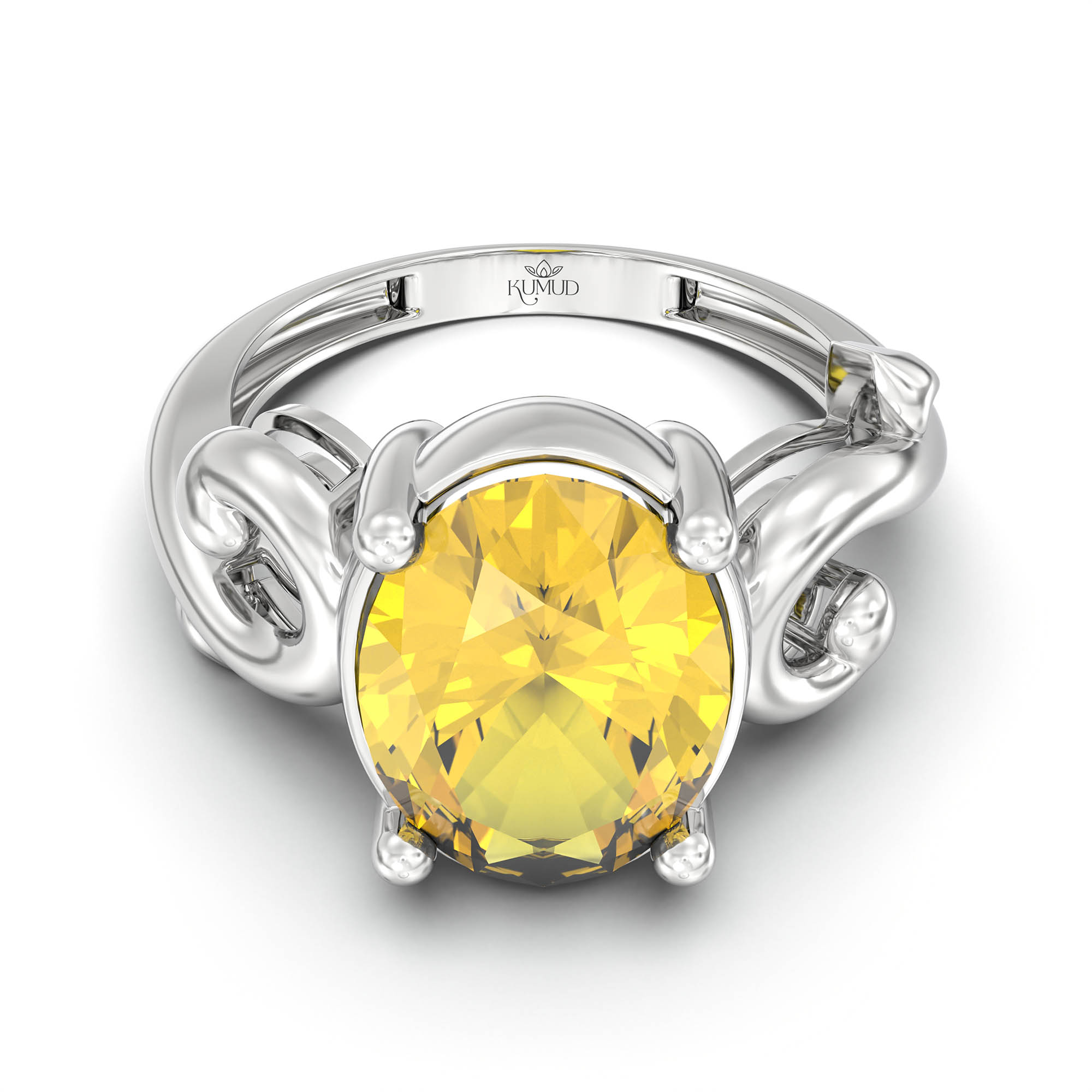 Yellow Sapphire (Pukhraj) Ring for Women in 925 Sterling Silver – Oval 11x8 mm, Prong Setting, 4 g (Design K14-7) thumbnail