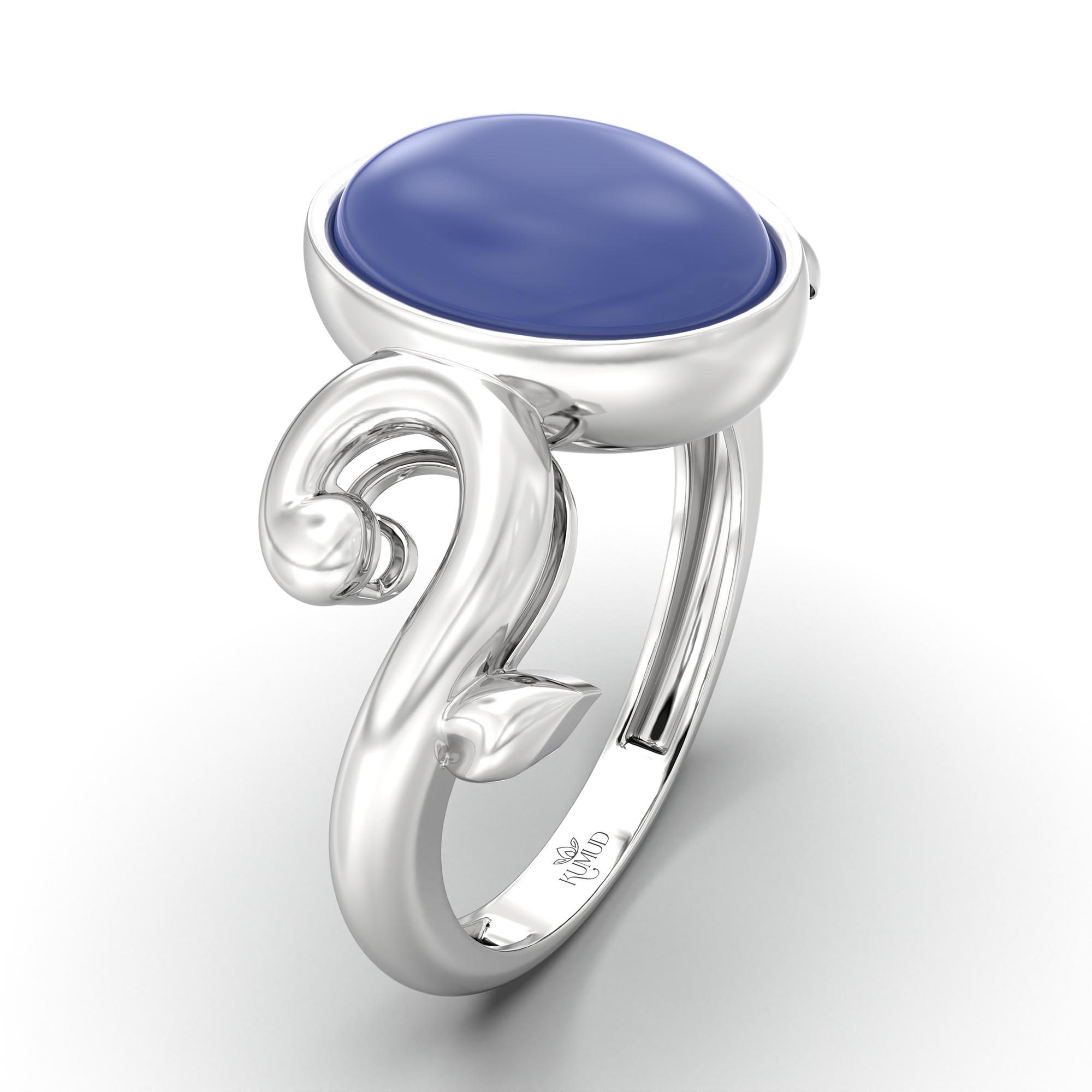 Blue Sapphire (Neelam) Ring for Women in 18K White Gold – Oval Cabochon 11x8 mm, Bezel Setting, 4 g (Design K14-7) thumbnail