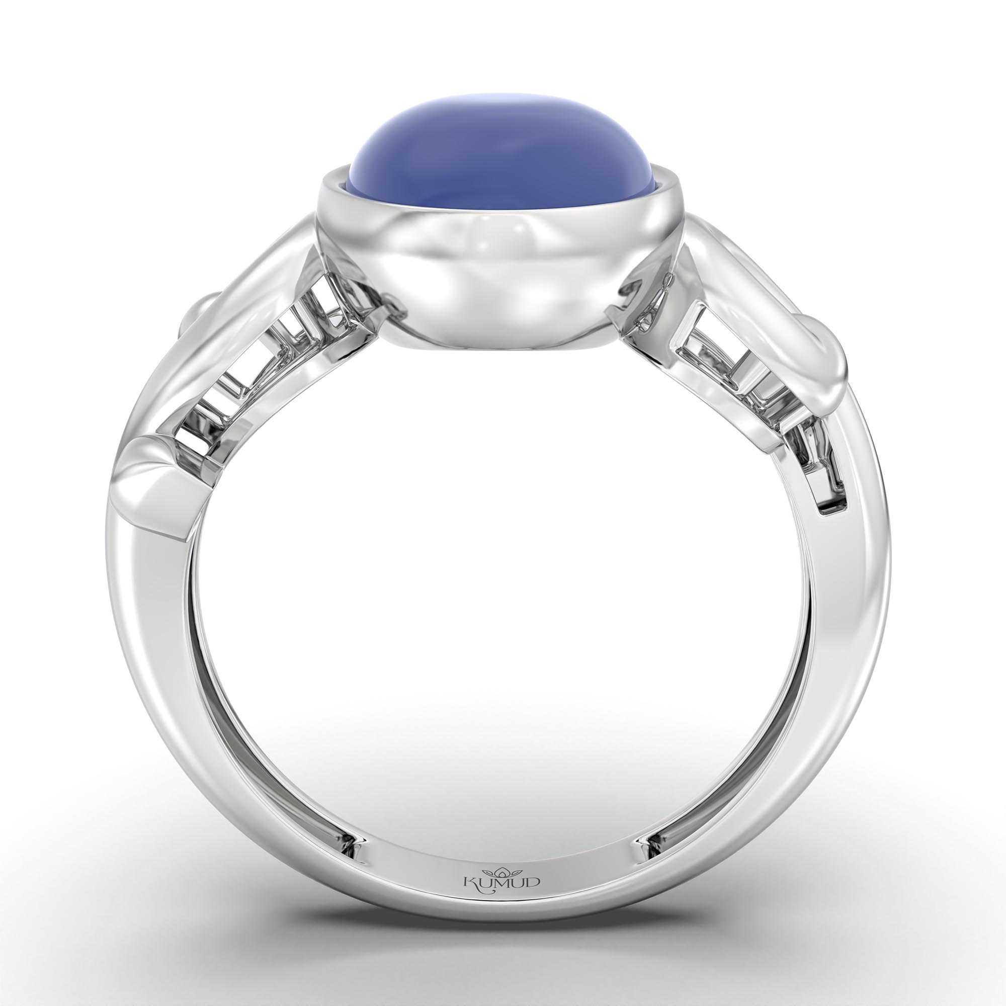 Blue Sapphire (Neelam) Ring for Women in 18K White Gold – Oval Cabochon 11x8 mm, Bezel Setting, 4 g (Design K14-7) thumbnail