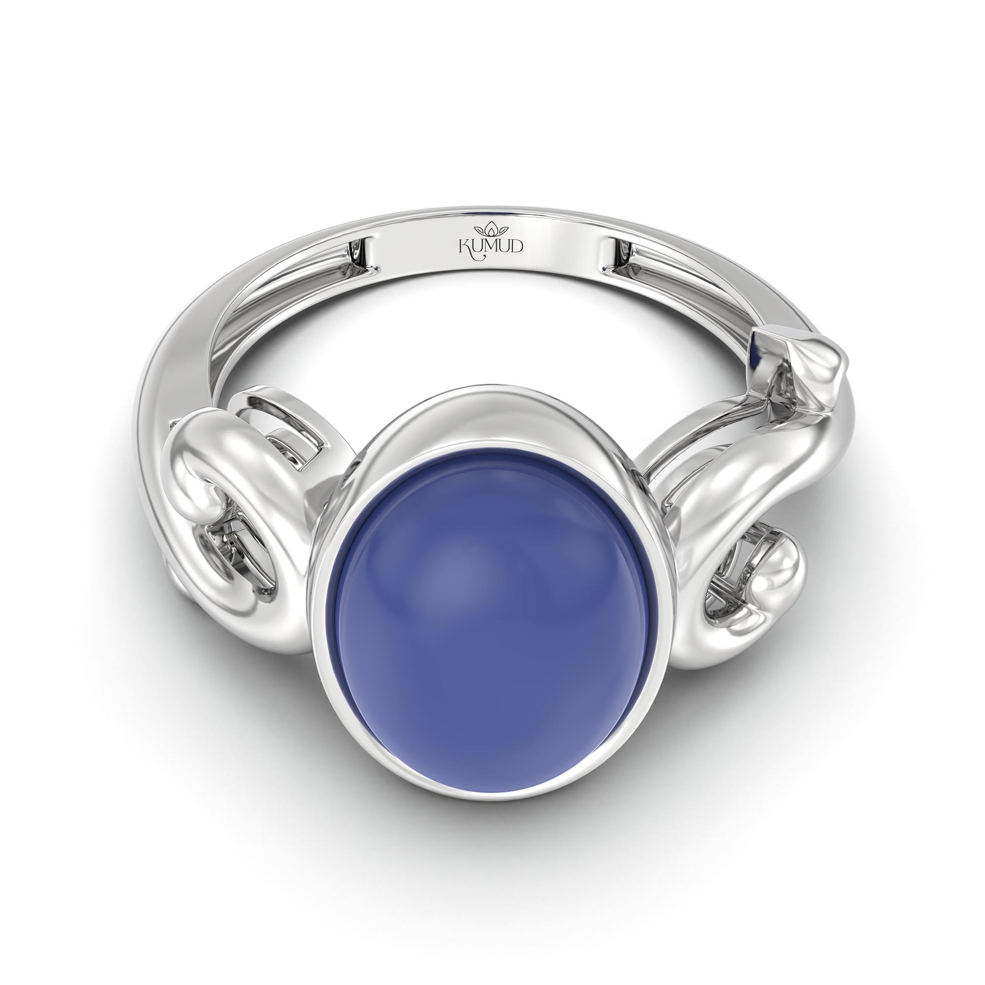 Blue Sapphire (Neelam) Ring for Women in 18K White Gold – Oval Cabochon 11x8 mm, Bezel Setting, 4 g (Design K14-7) thumbnail