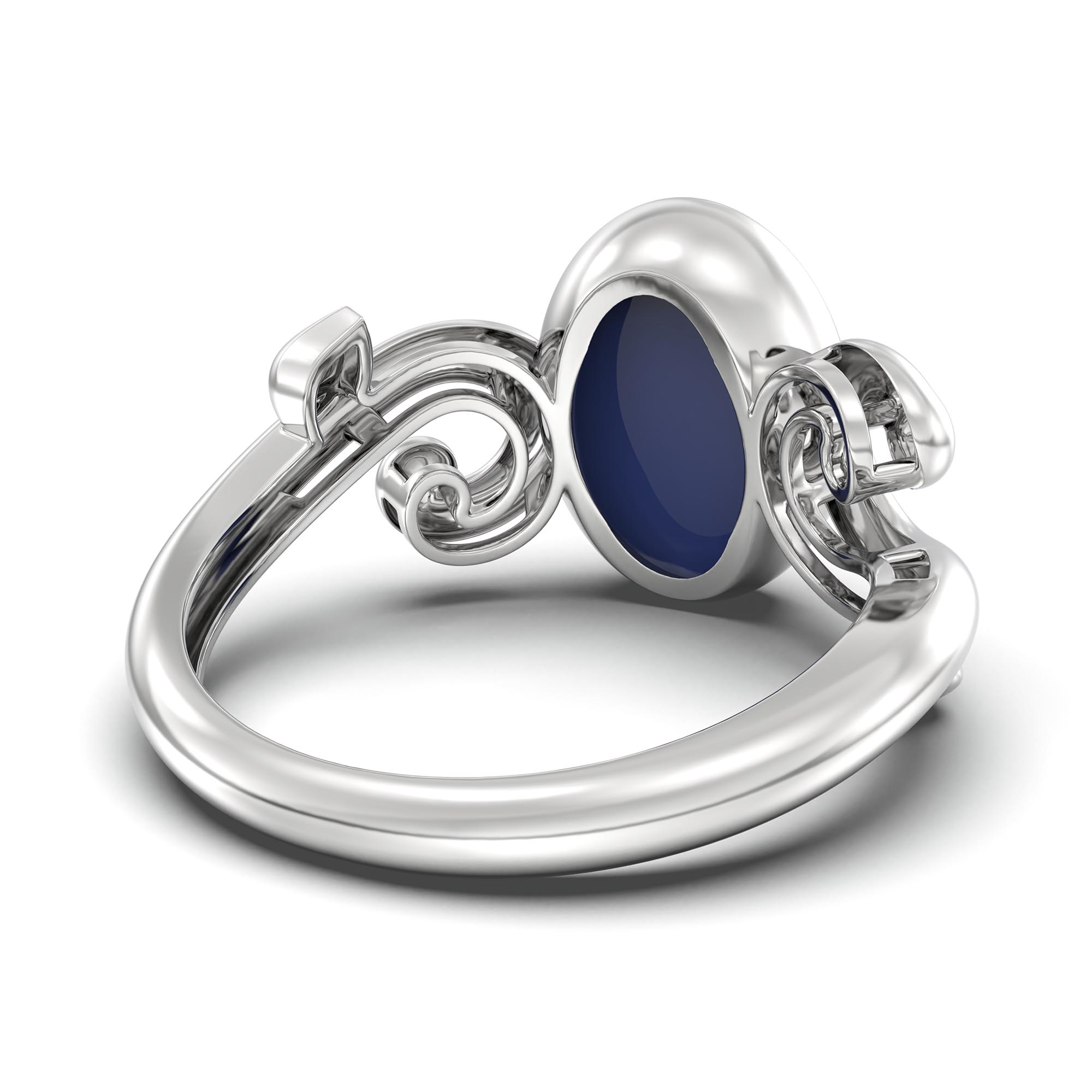 Blue Sapphire (Neelam) Ring for Women in 18K White Gold – Oval Cabochon 11x8 mm, Bezel Setting, 4 g (Design K14-7) thumbnail