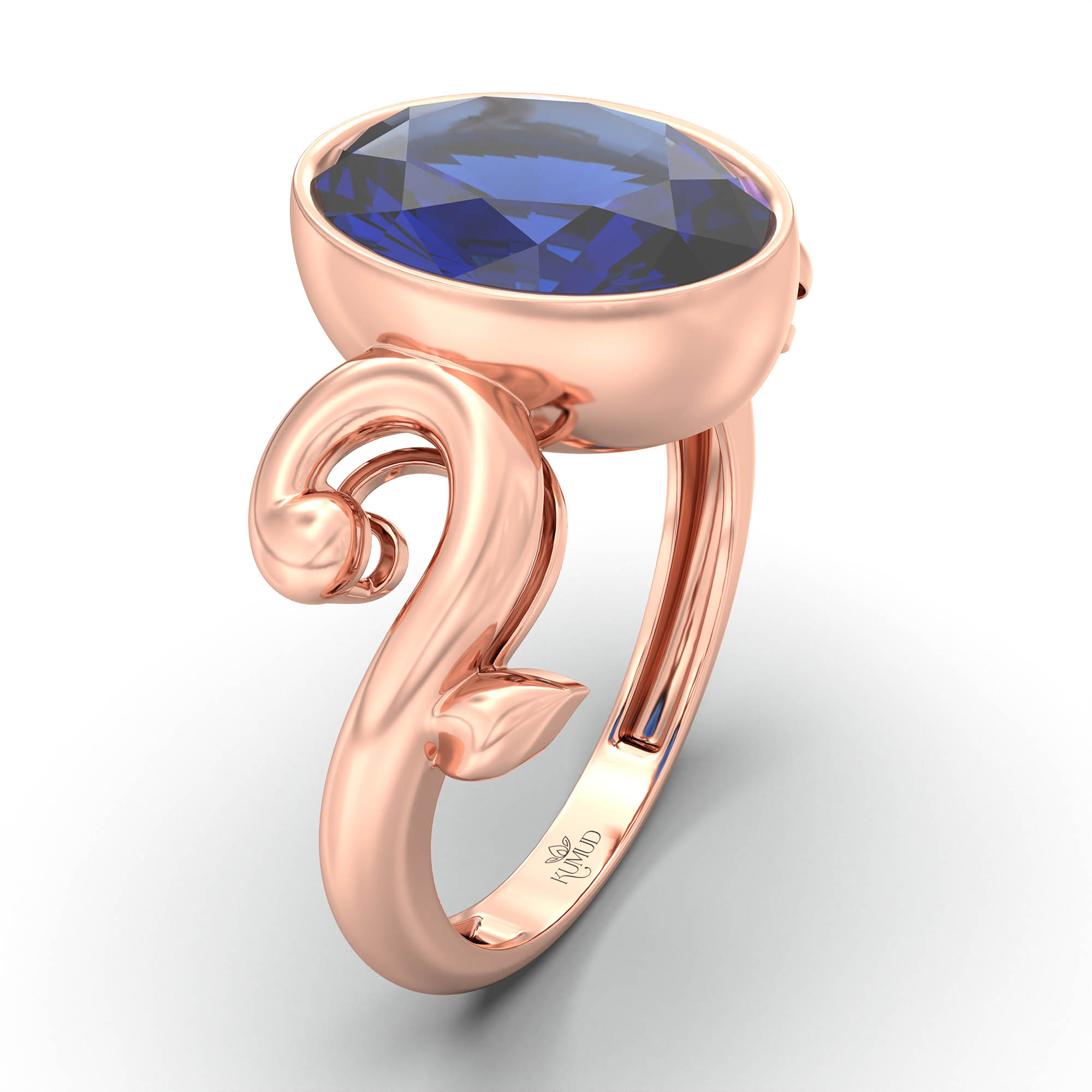 Blue Sapphire (Neelam) Ring for Women in 18K Rose Gold – Oval 11x8 mm, Bezel Setting, 4 g (Design K14-7) thumbnail