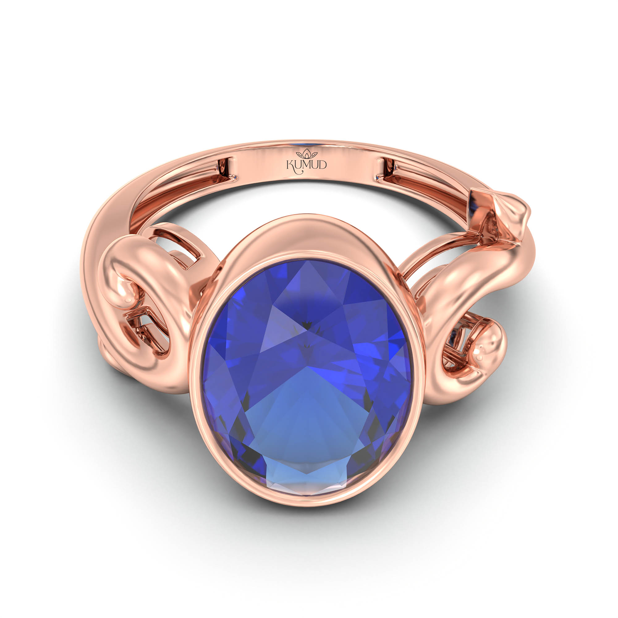 Blue Sapphire (Neelam) Ring for Women in 18K Rose Gold – Oval 11x8 mm, Bezel Setting, 4 g (Design K14-7) thumbnail