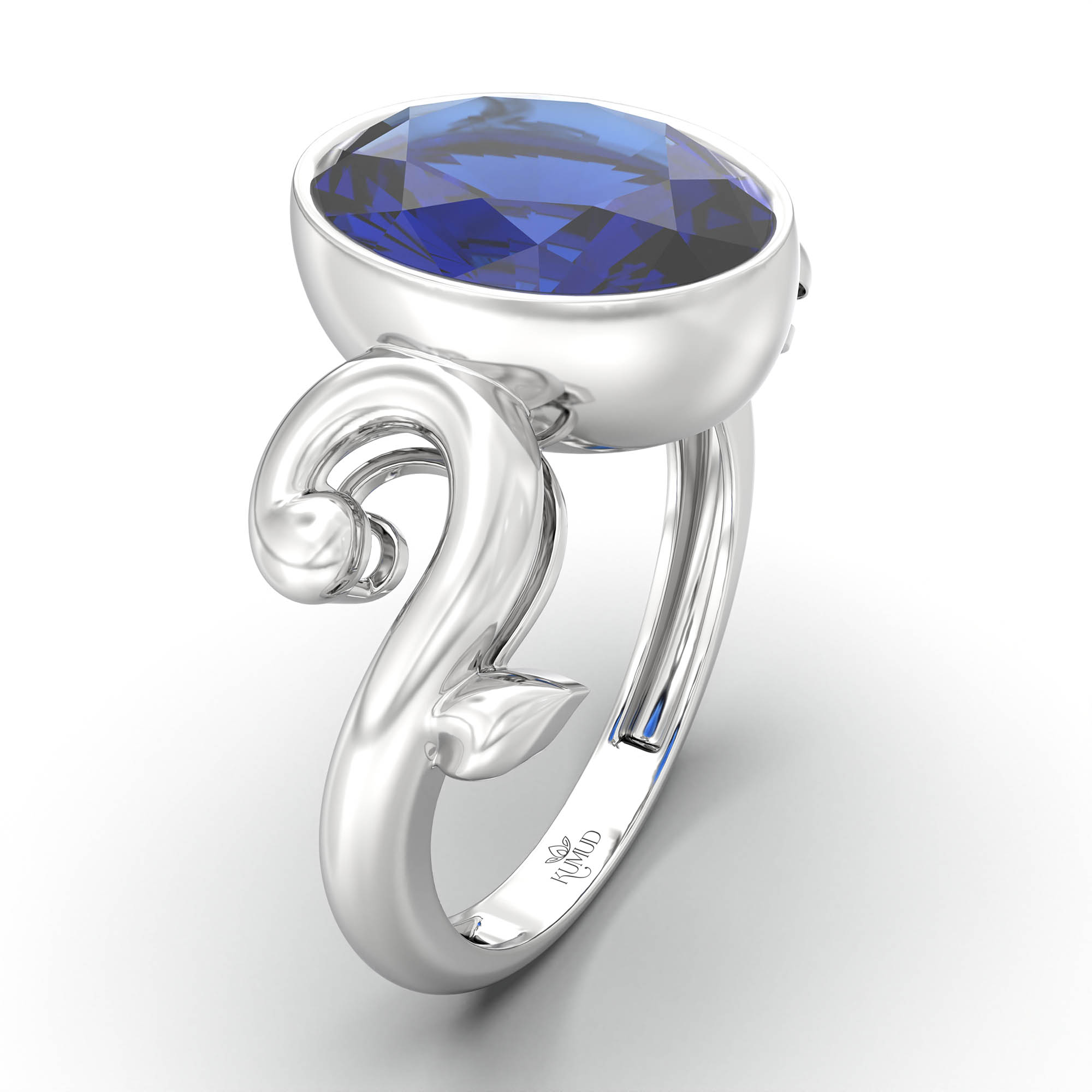 Blue Sapphire (Neelam) Ring for Women in 18K White Gold – Oval 11x8 mm, Bezel Setting, 4 g (Design K14-7) thumbnail