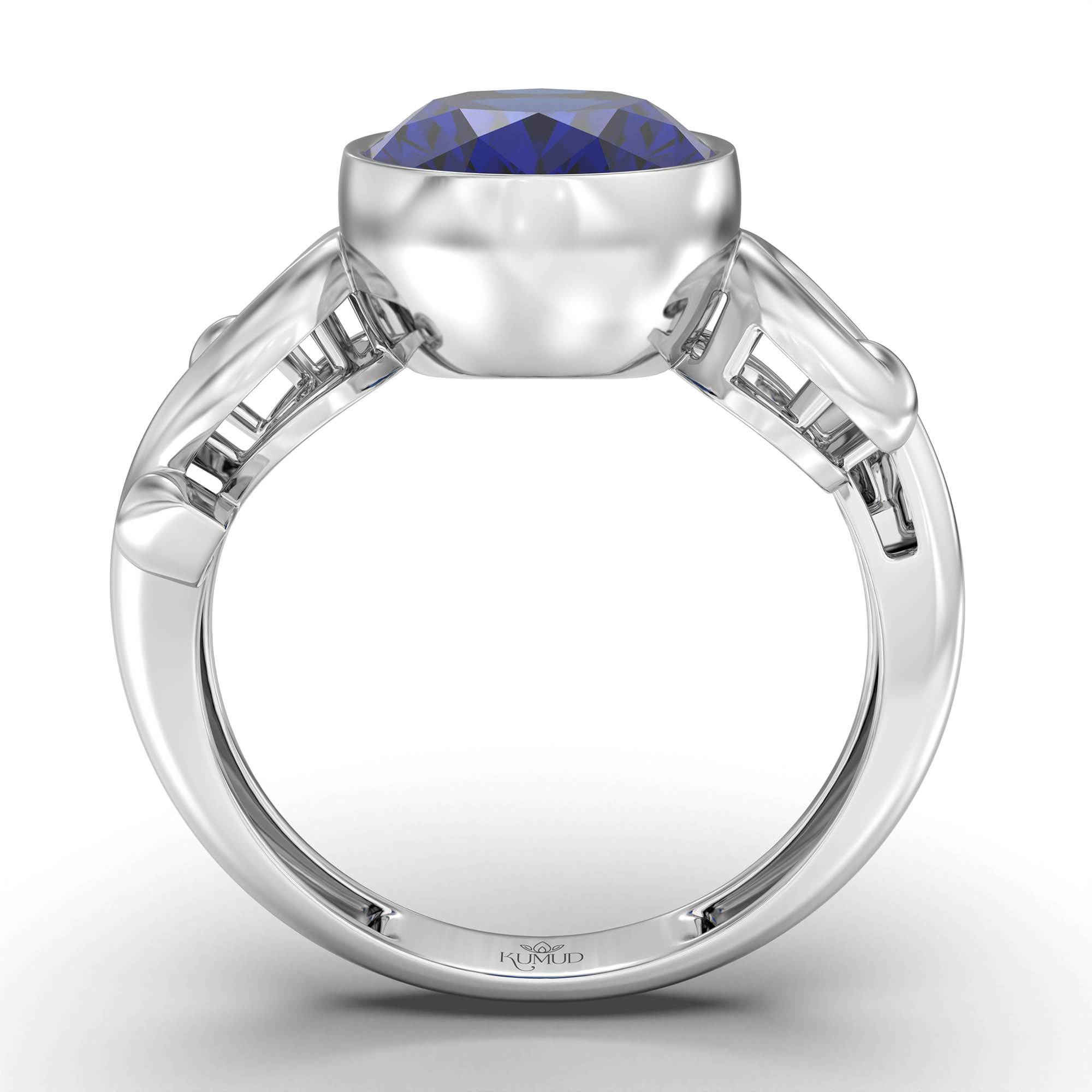 Blue Sapphire (Neelam) Ring for Women in 18K White Gold – Oval 11x8 mm, Bezel Setting, 4 g (Design K14-7) thumbnail