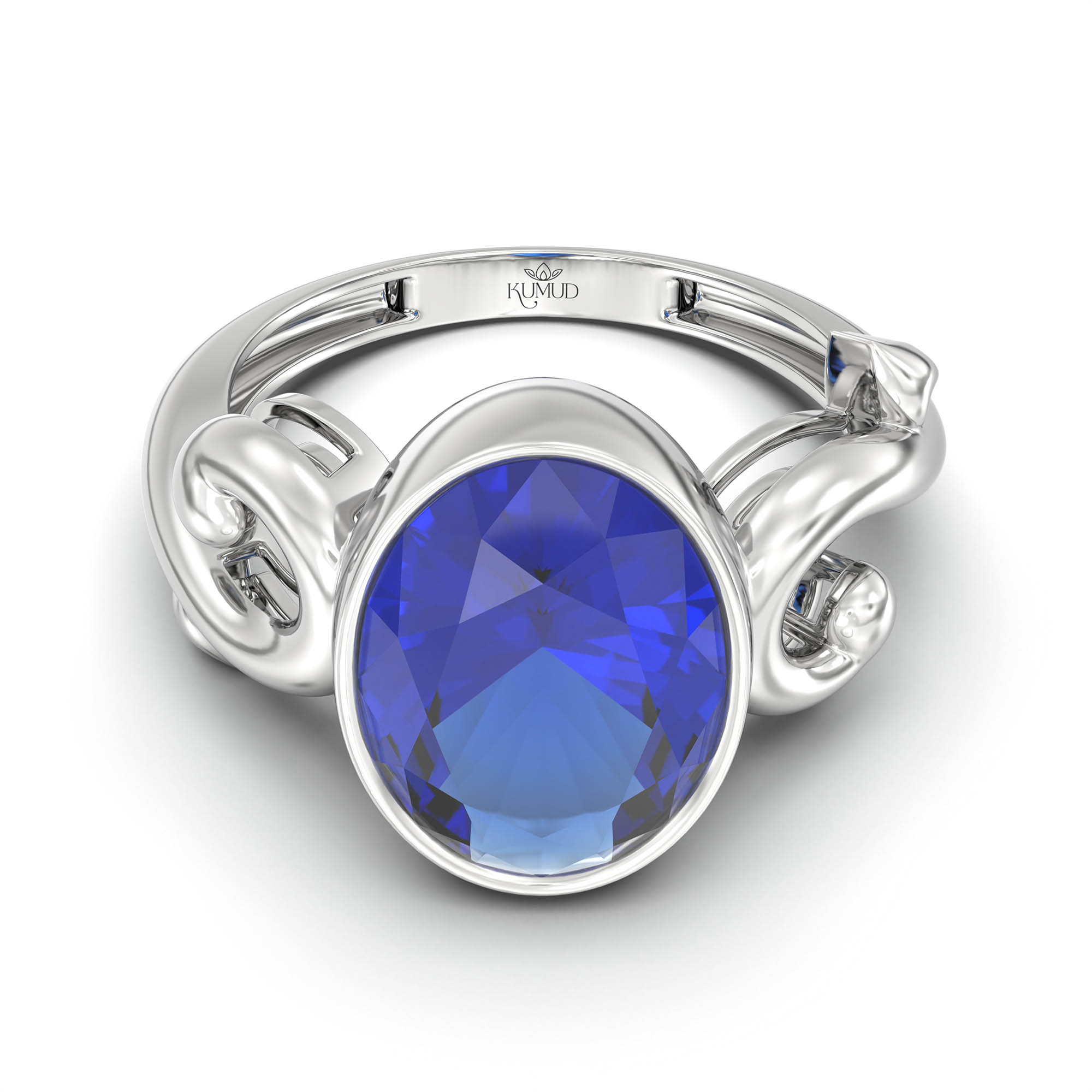 Blue Sapphire (Neelam) Ring for Women in 18K White Gold – Oval 11x8 mm, Bezel Setting, 4 g (Design K14-7) thumbnail