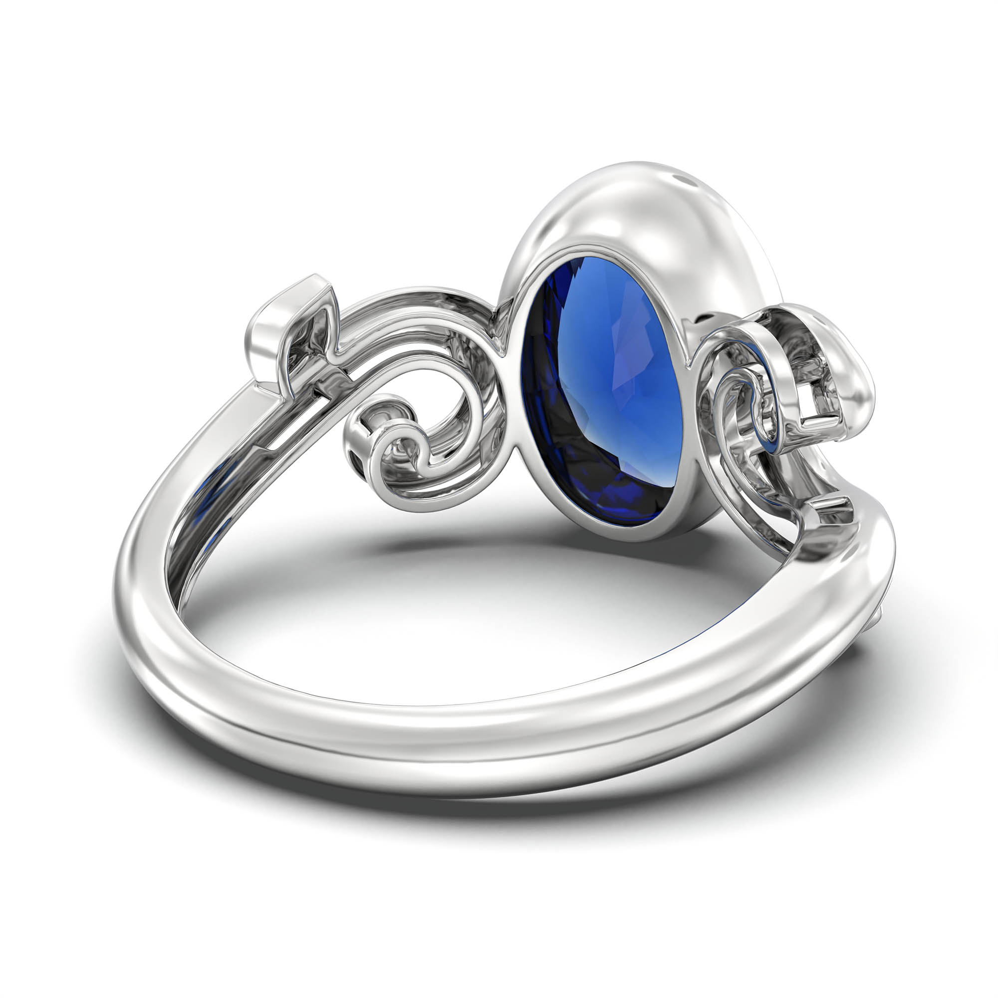Blue Sapphire (Neelam) Ring for Women in 18K White Gold – Oval 11x8 mm, Bezel Setting, 4 g (Design K14-7) thumbnail