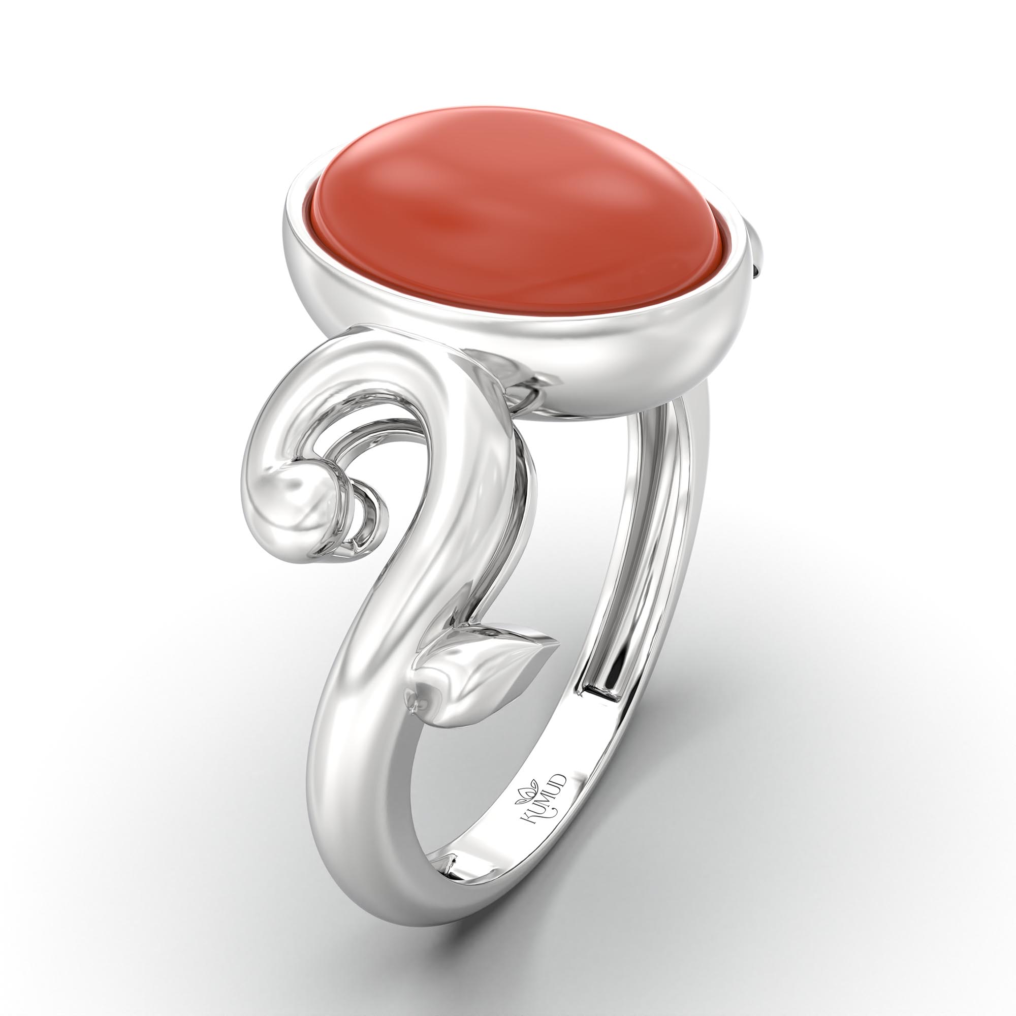 Red Coral (Moonga) Ring for Women in 925 Sterling Silver – Oval Cabochon 11x8 mm, Bezel Setting, 4 g (Design K14-7) thumbnail