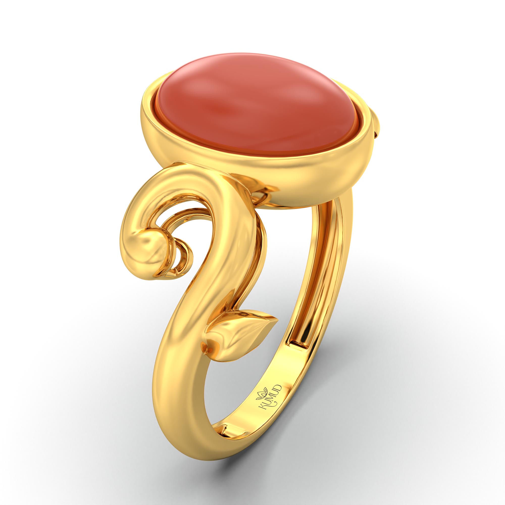 Red Coral (Moonga) Ring for Women in 22K Yellow Gold – Oval Cabochon 11x8 mm, Bezel Setting, 4 g (Design K14-7) thumbnail
