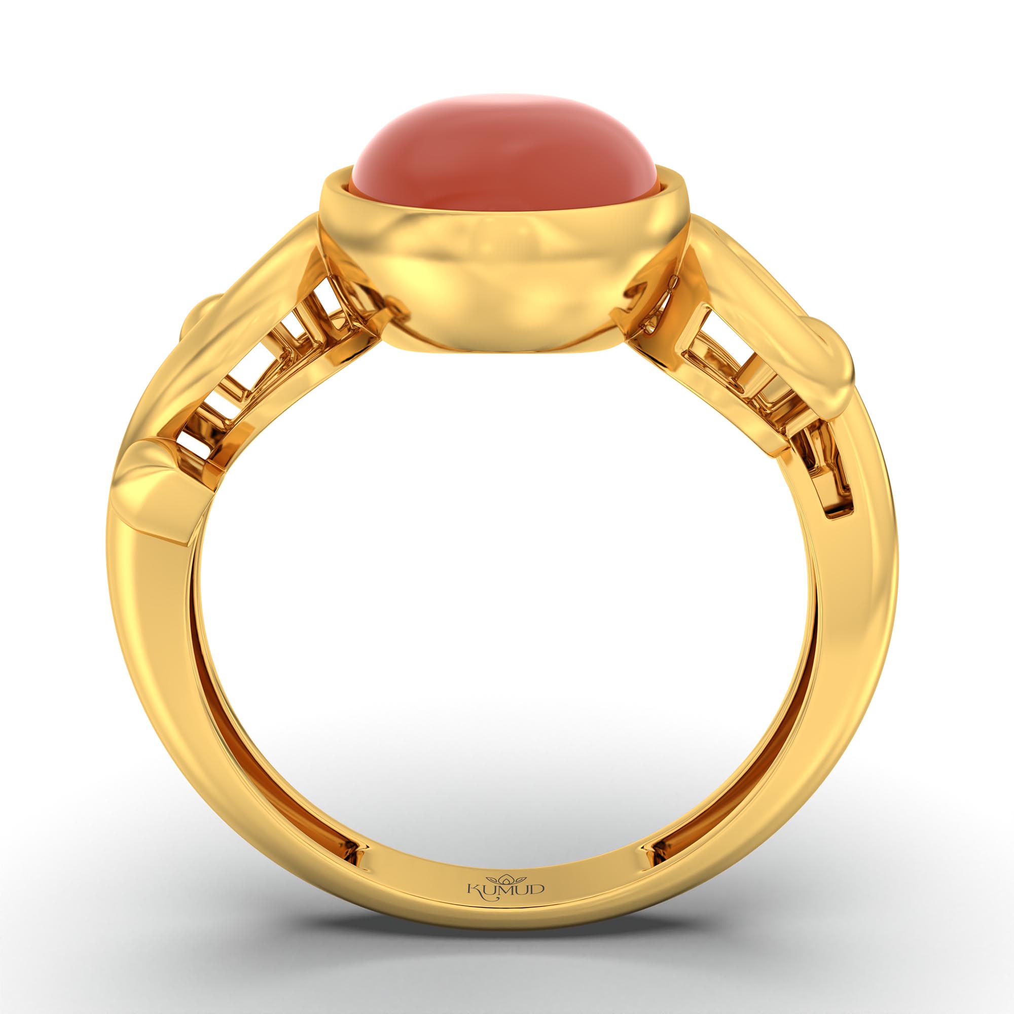 Red Coral (Moonga) Ring for Women in 22K Yellow Gold – Oval Cabochon 11x8 mm, Bezel Setting, 4 g (Design K14-7) thumbnail