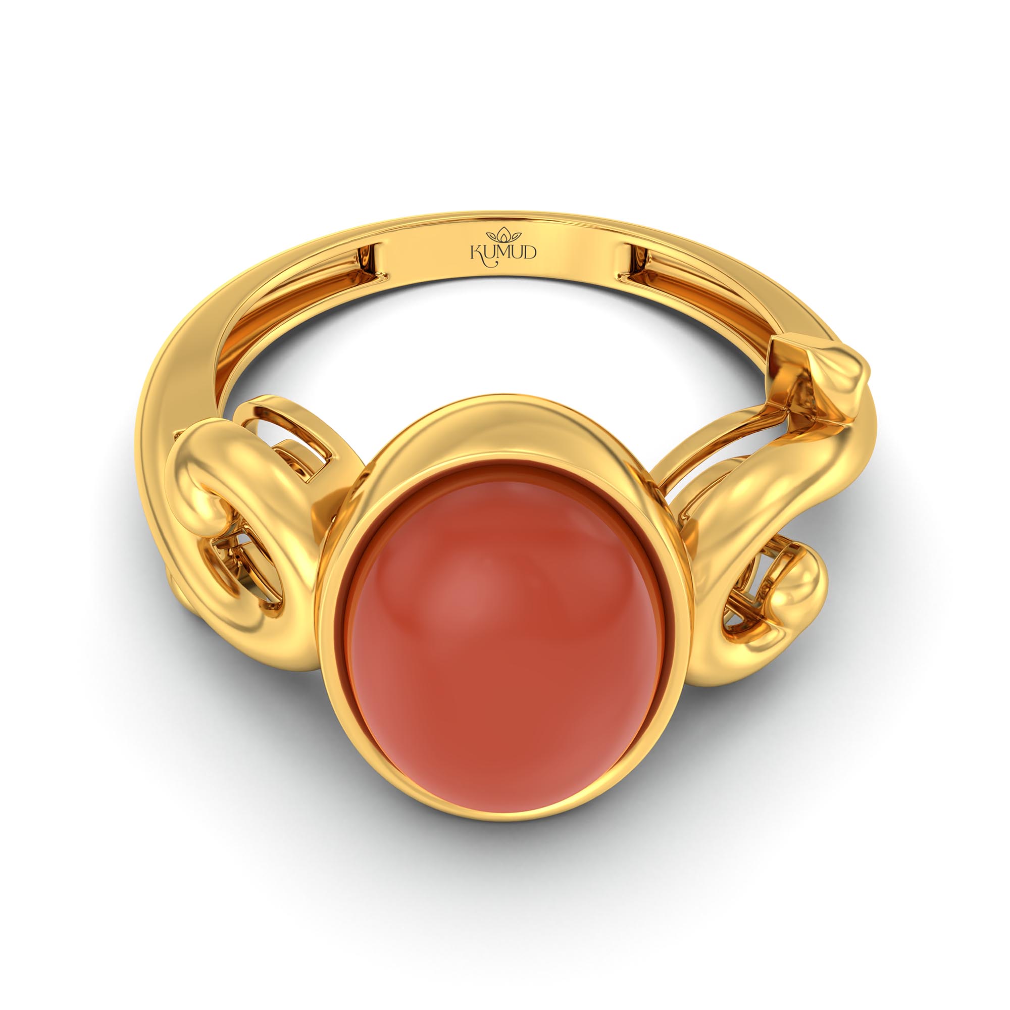 Red Coral (Moonga) Ring for Women in 22K Yellow Gold – Oval Cabochon 11x8 mm, Bezel Setting, 4 g (Design K14-7) thumbnail