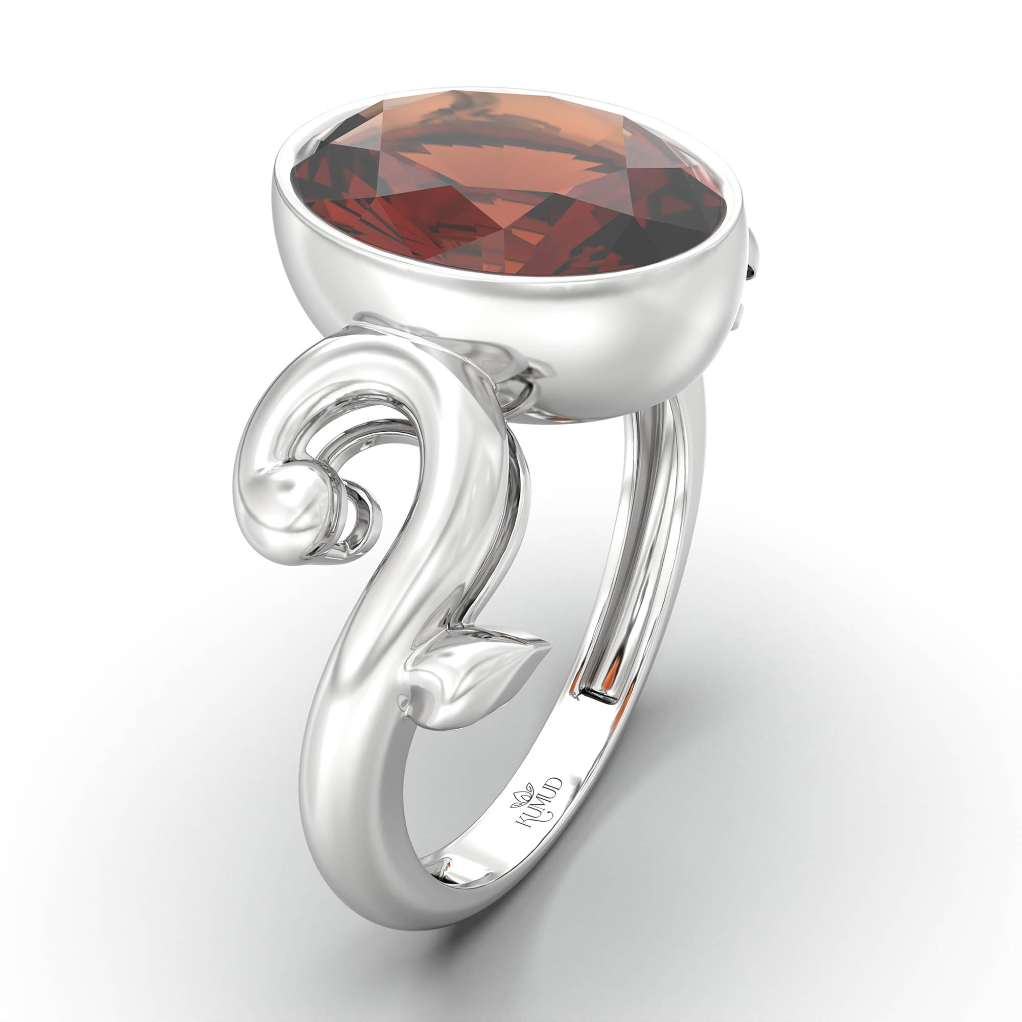 Hessonite (Gomed) Ring for Women in 18K White Gold – Oval 11x8 mm, Bezel Setting, 4 g (Design K14-7) thumbnail