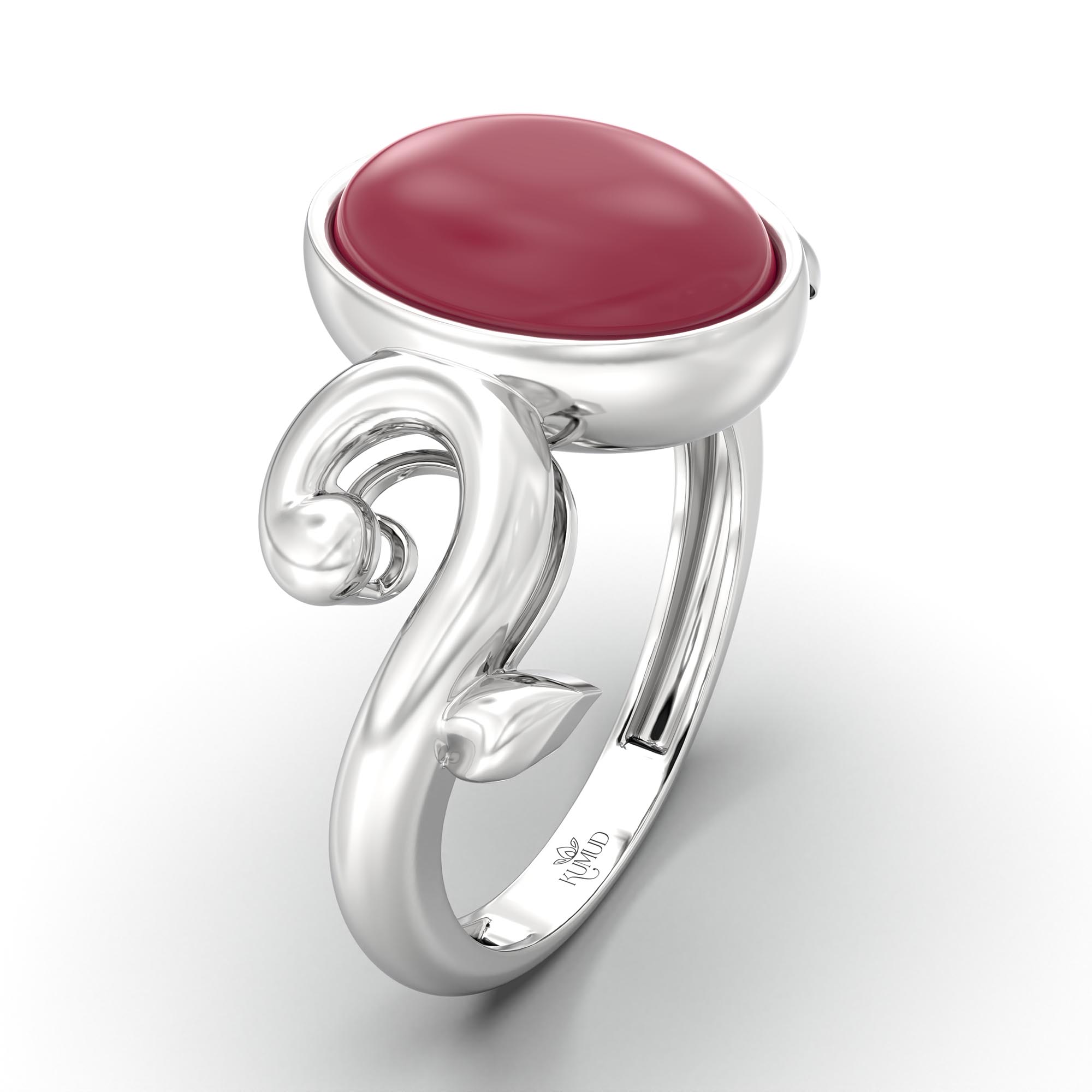 Ruby (Manik) Ring for Women in 18K White Gold – Oval Cabochon 11x8 mm, Bezel Setting, 4 g (Design K14-7) thumbnail