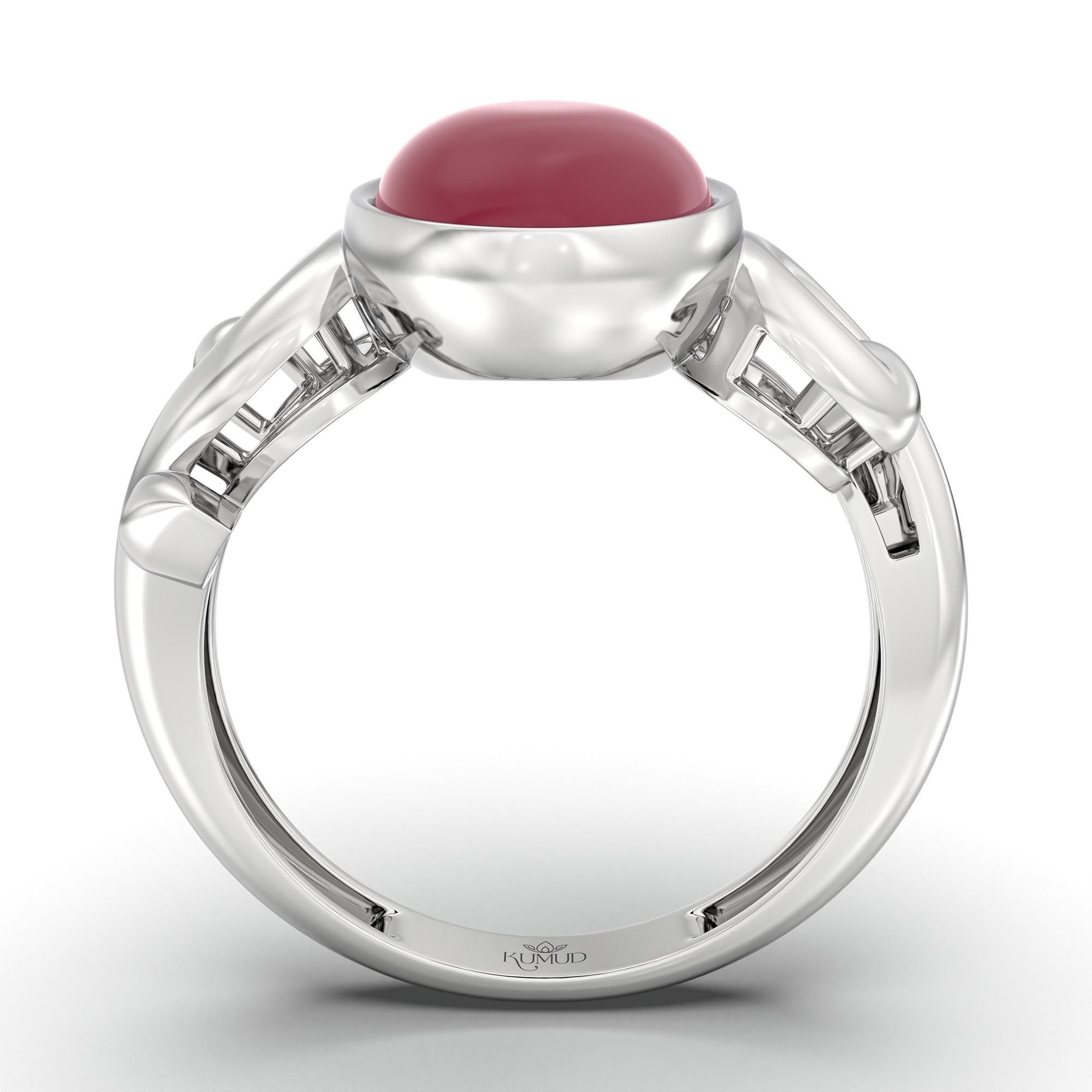 Ruby (Manik) Ring for Women in 18K White Gold – Oval Cabochon 11x8 mm, Bezel Setting, 4 g (Design K14-7) thumbnail