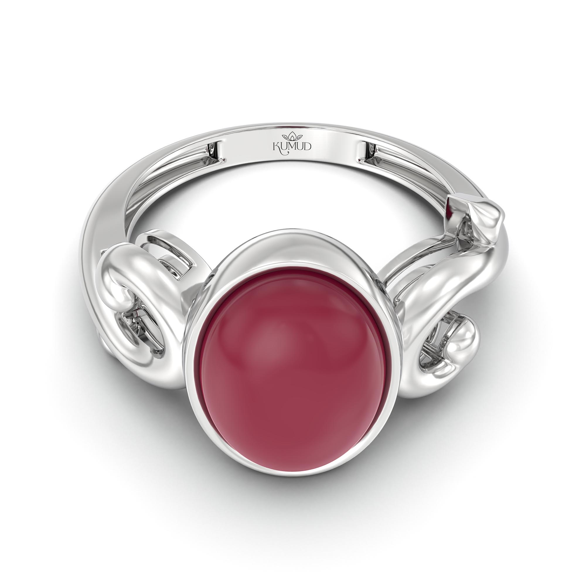 Ruby (Manik) Ring for Women in 18K White Gold – Oval Cabochon 11x8 mm, Bezel Setting, 4 g (Design K14-7) thumbnail